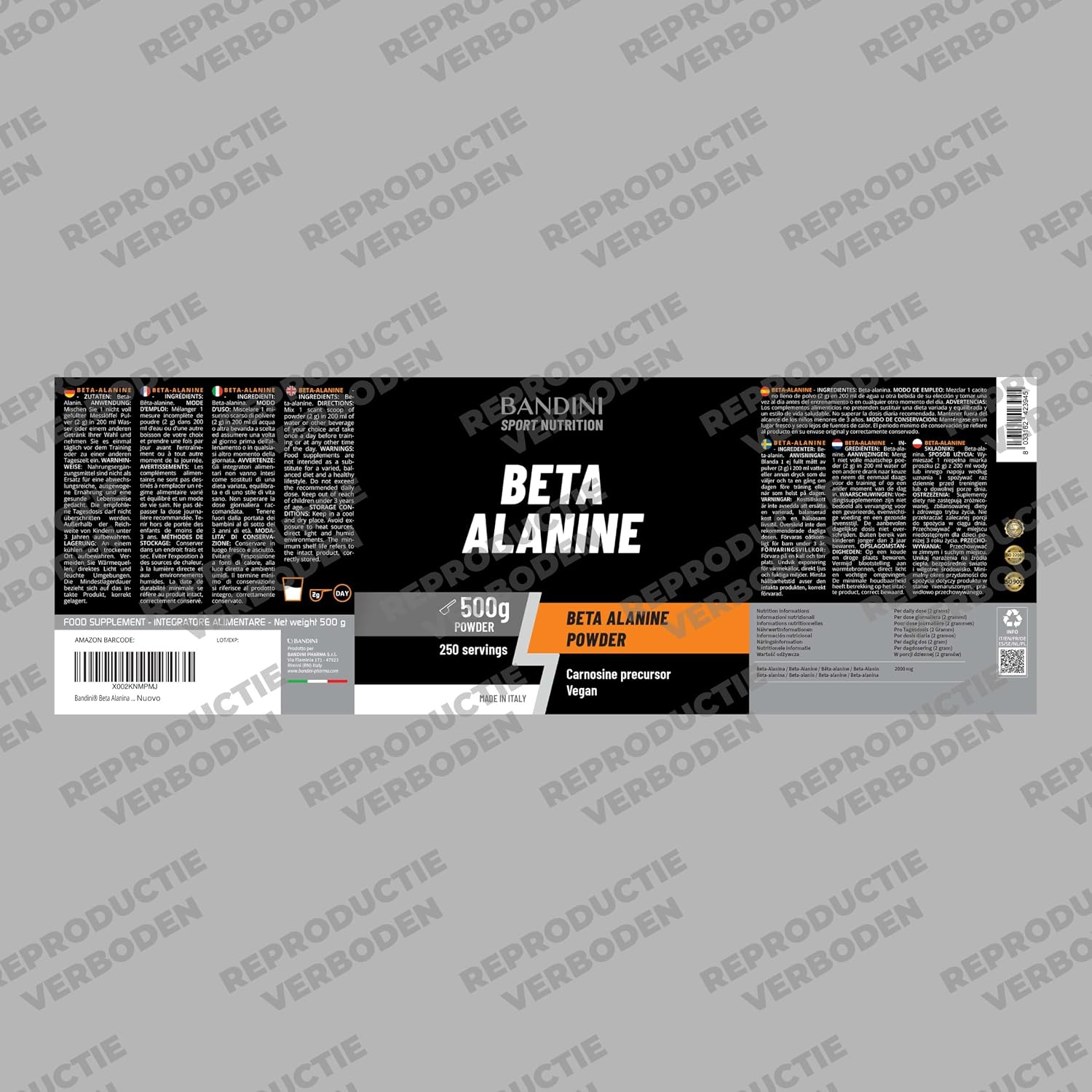 Detalle de BANDINI Beta Alanine poeder 500 g – 99% zuiver, vegan en smaakneutraal