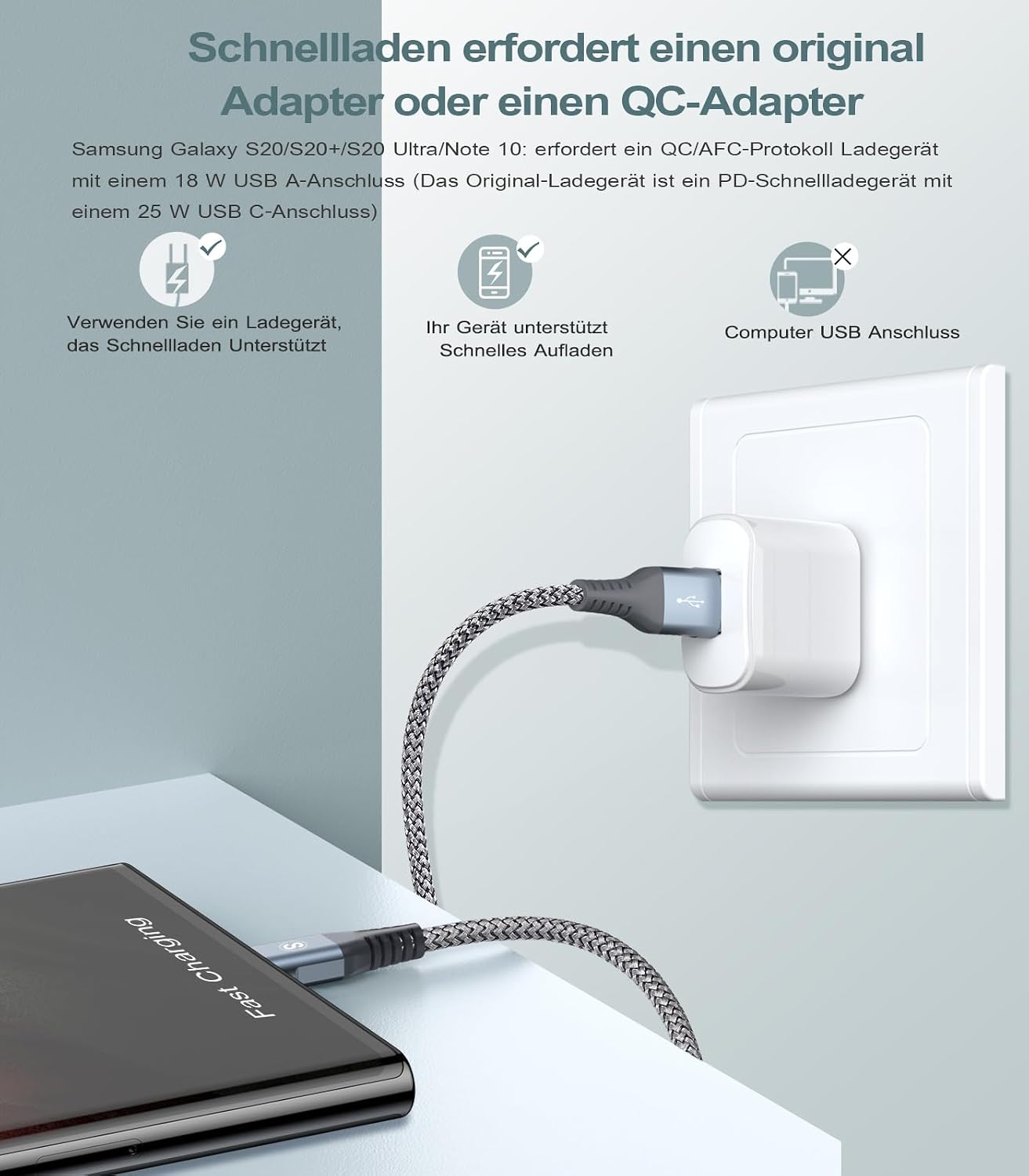 Detalle de 2Stück USB-C Kabel 3.1A Schnellladung – Nylon USB-C Ladekabel, langlebig & QC3.0-kompatibel