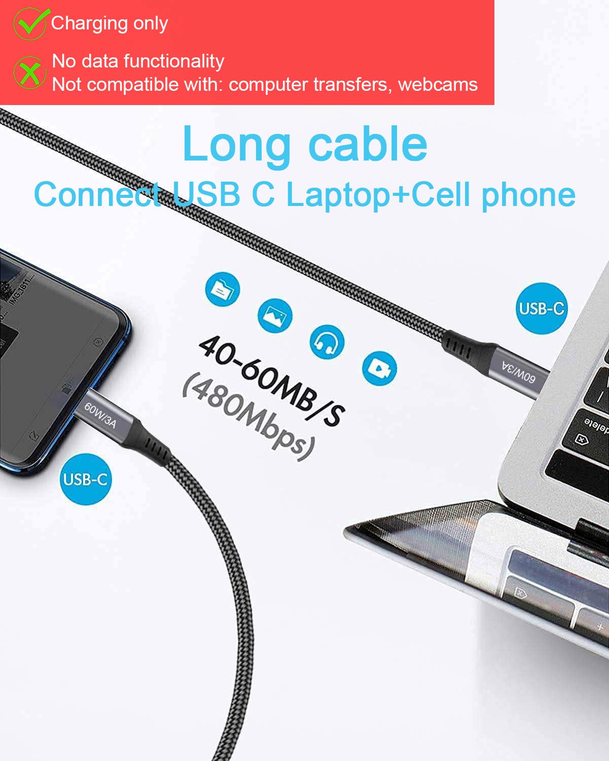 Detalle 2 de 30FT USB-C to USB-C Cable 60W – Extra Long Charging Cable for Day-to-Day Power