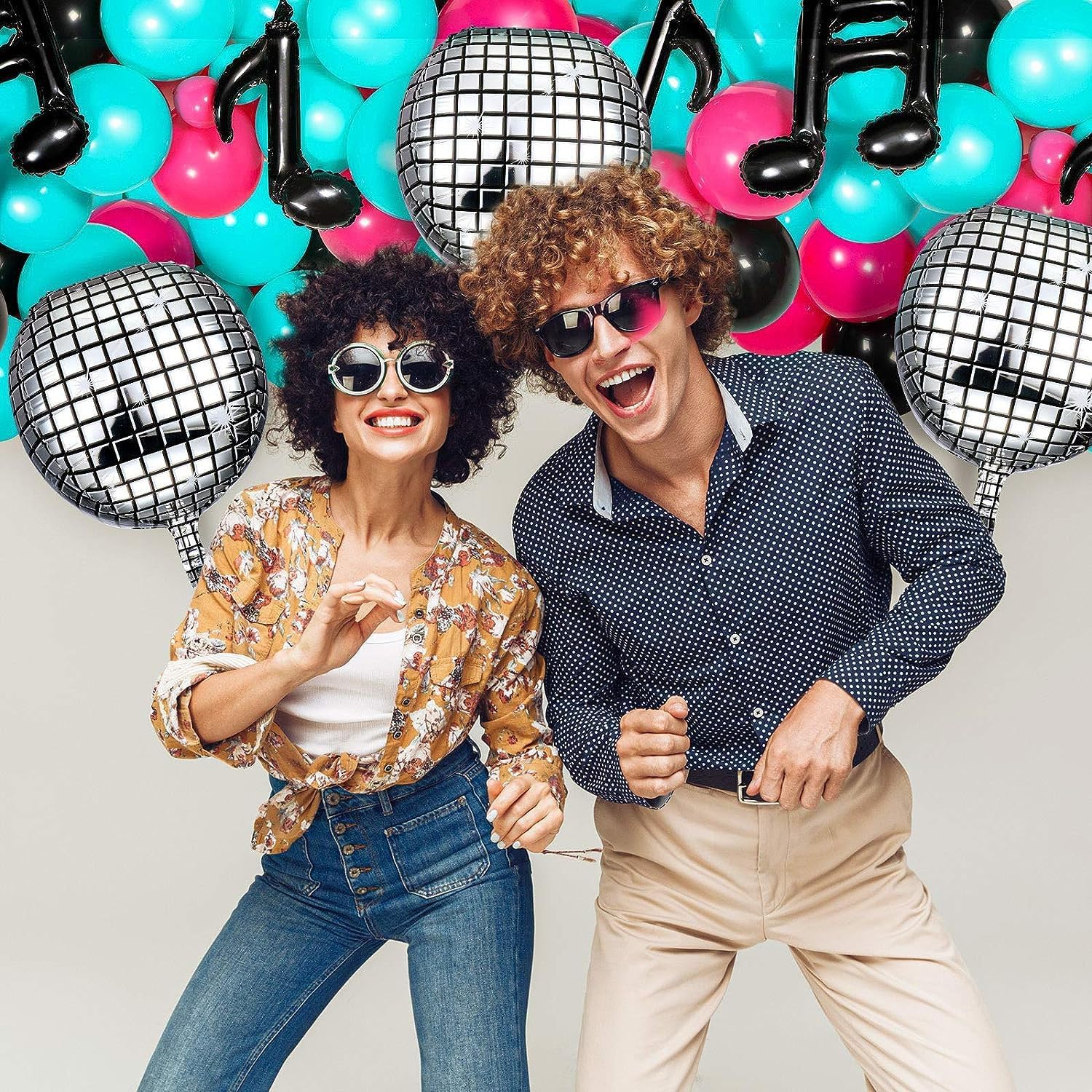 Detalle 2 de Disco Musik Thema Luftballons – Rosarot, Blau, Schwarz – Party Dekoration für Karaoke, 80er/90er Disco Theme