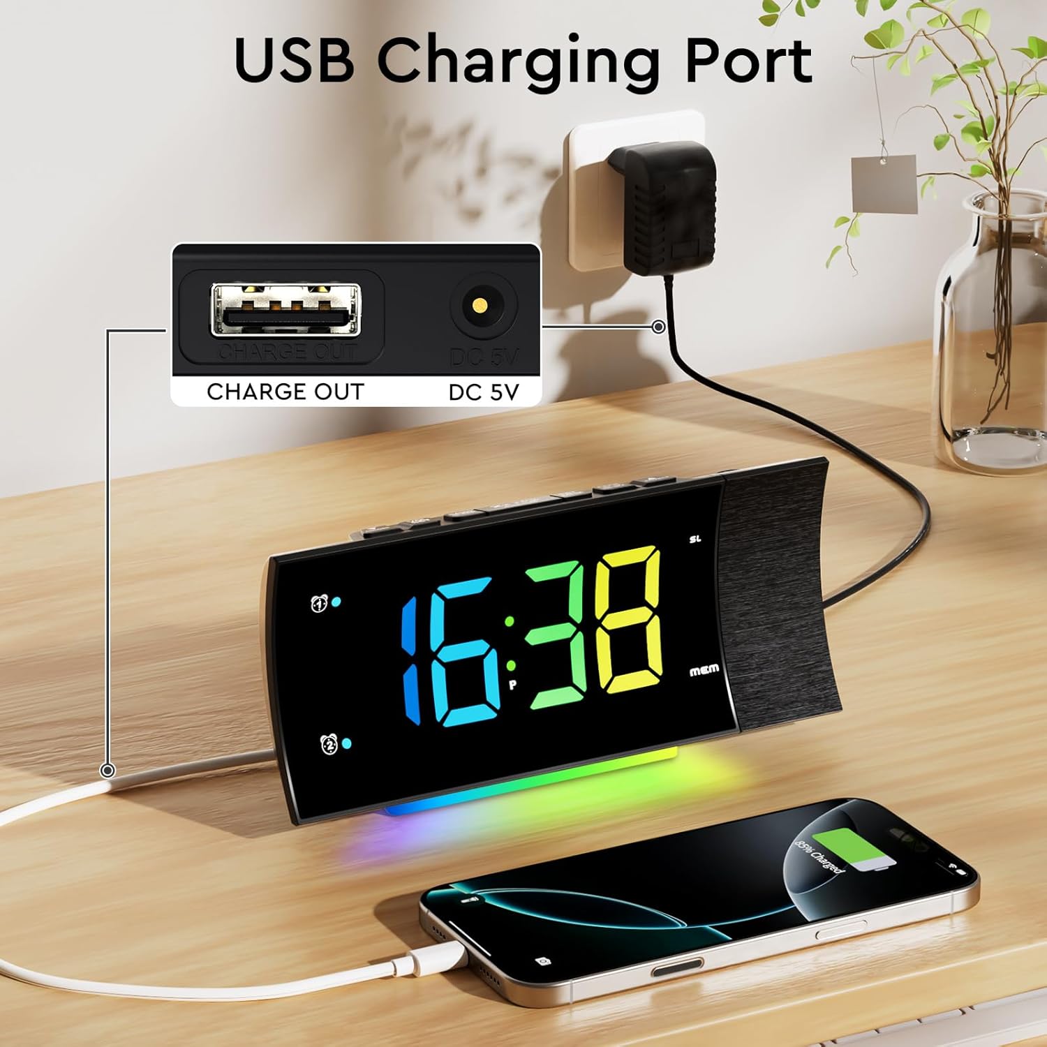 Thumbnail 6 de FCHERP Radio Réveil Projecteur plafond 180° avec radio FM, double alarme et chargeur USB