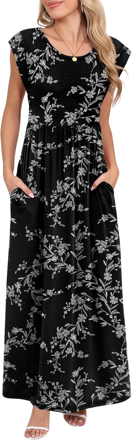 Detalle de DB MOON Women’s 2026 Empire Waist Maxi Dress with Pockets (Cap Sleeve Sundress)