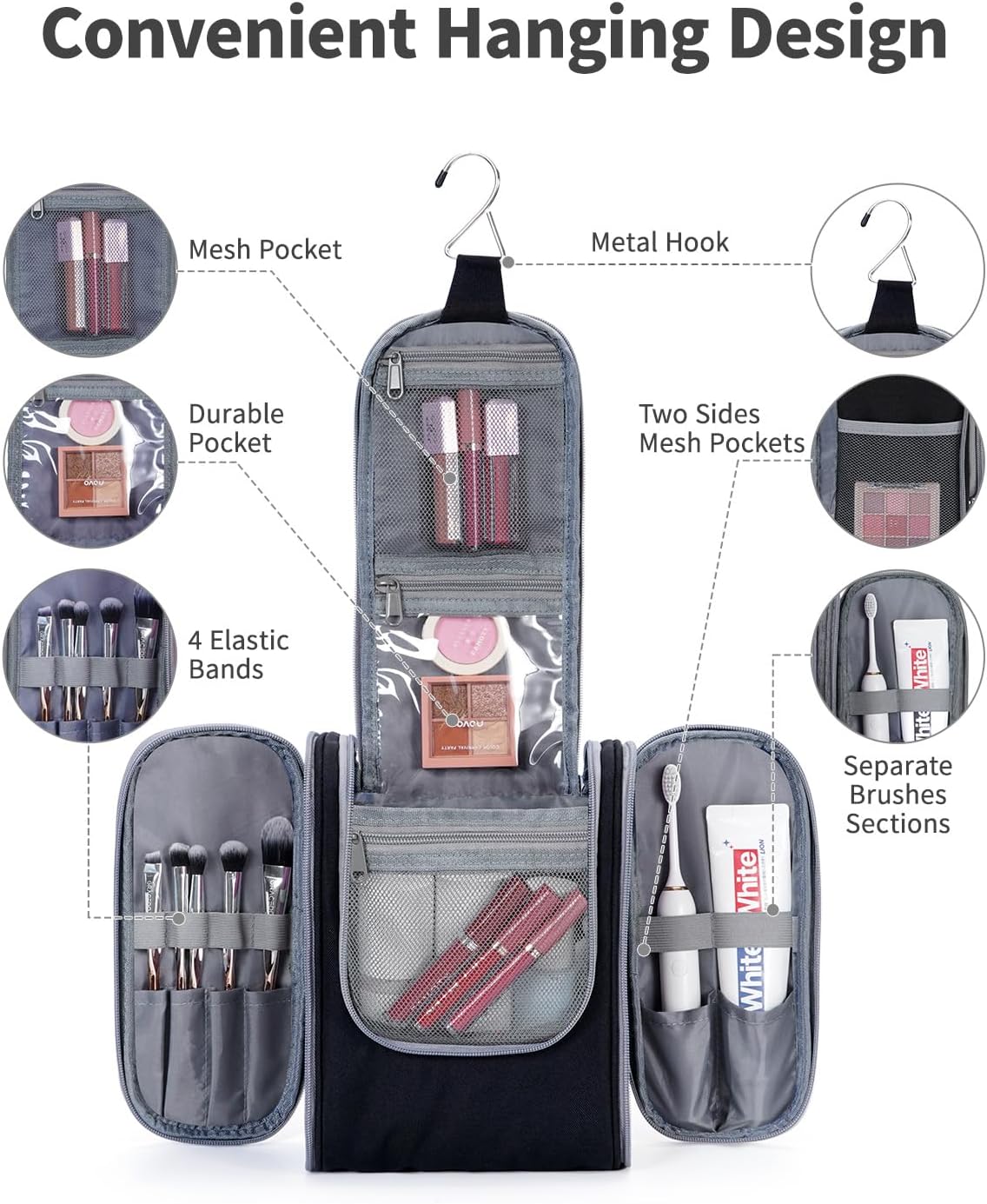 Thumbnail 1 de Narwey Travel Hanging Toiletry Wash Bag (Black, Small) – organised organiser for holiday essentials
