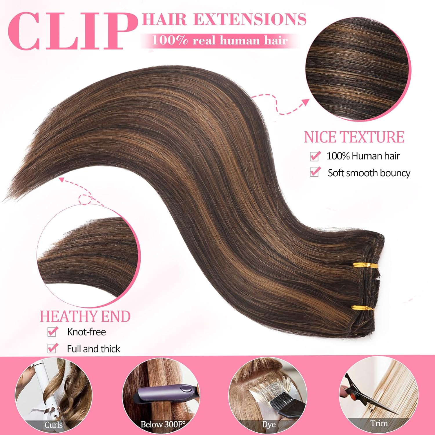 Thumbnail 3 de Real Human Hair Clip-In Extensions (Brazilian Remy) Seamless Balayage, Dark Brown/Chestnut Brown, 8 Pieces