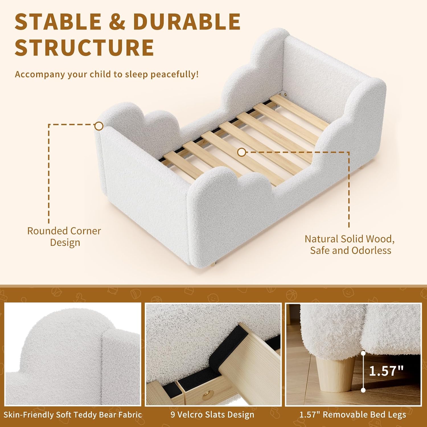Detalle 2 de NAIZEA Toddler Floor Bed, Crib-Size Frame with Soft Cloud-Shaped Rails