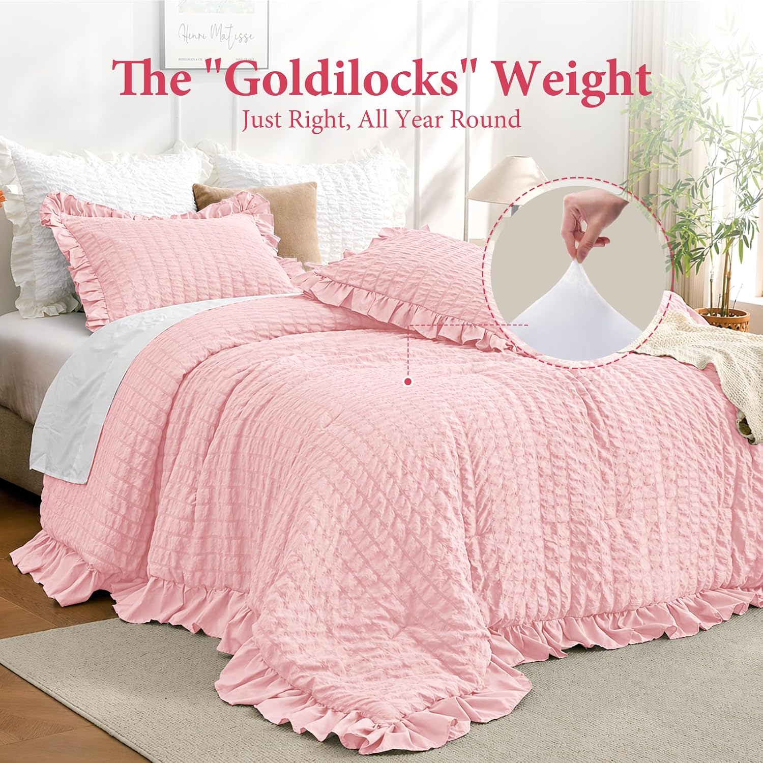 Detalle de JOLLYVOGUE Pink Seersucker Queen Comforter Set, 3 Pieces – Lightweight All-Season With Ruffle Details