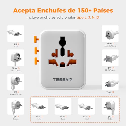 Thumbnail 7 de TESSAN Adaptador Enchufe Universal de Viaje con 5 USB y Carga Rápida 65W GaN