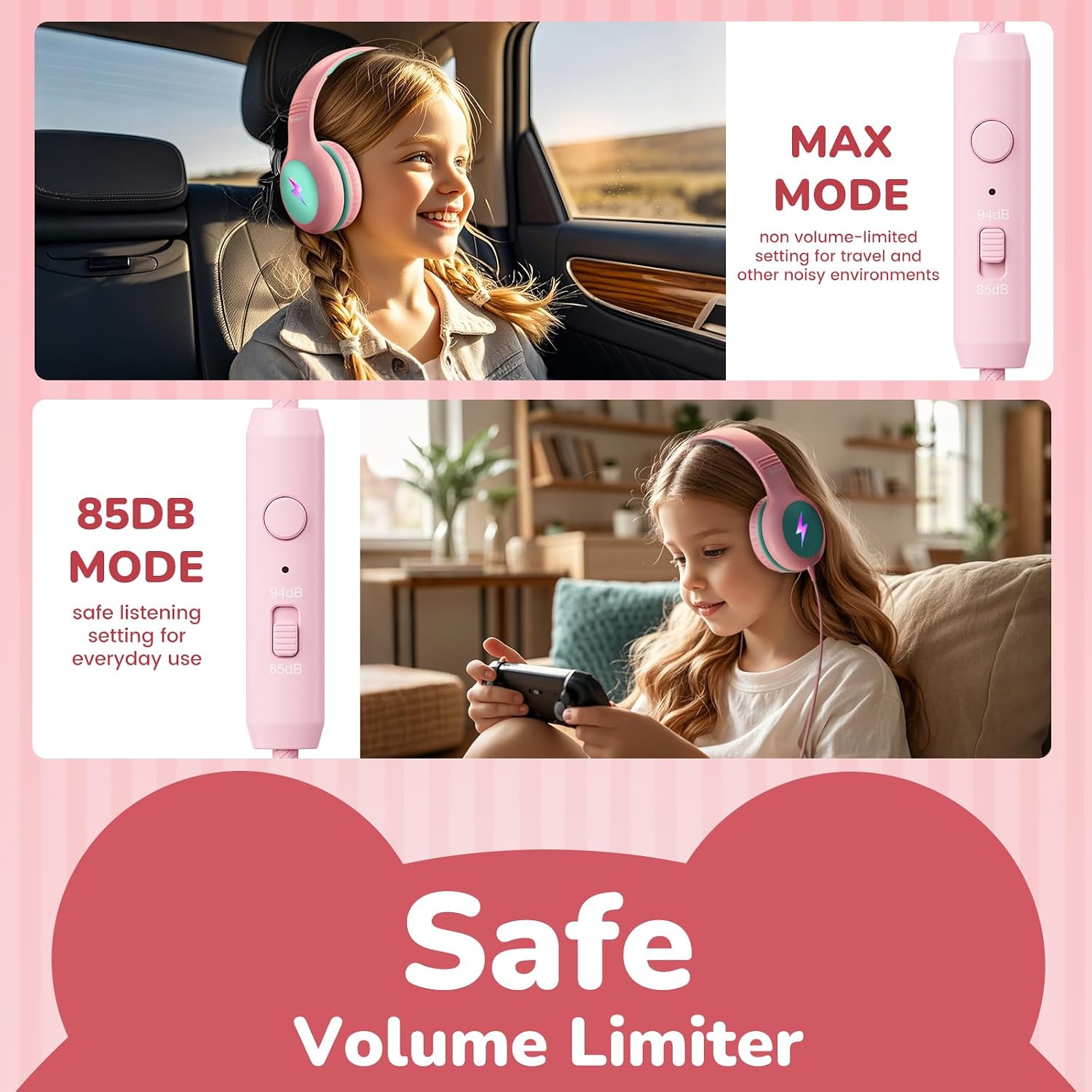 Detalle 2 de Wuopzf Kids USB-C Over-Ear Headphones with Volume Limiter, Mic & LED Lights (Pink) – Foldable School Set