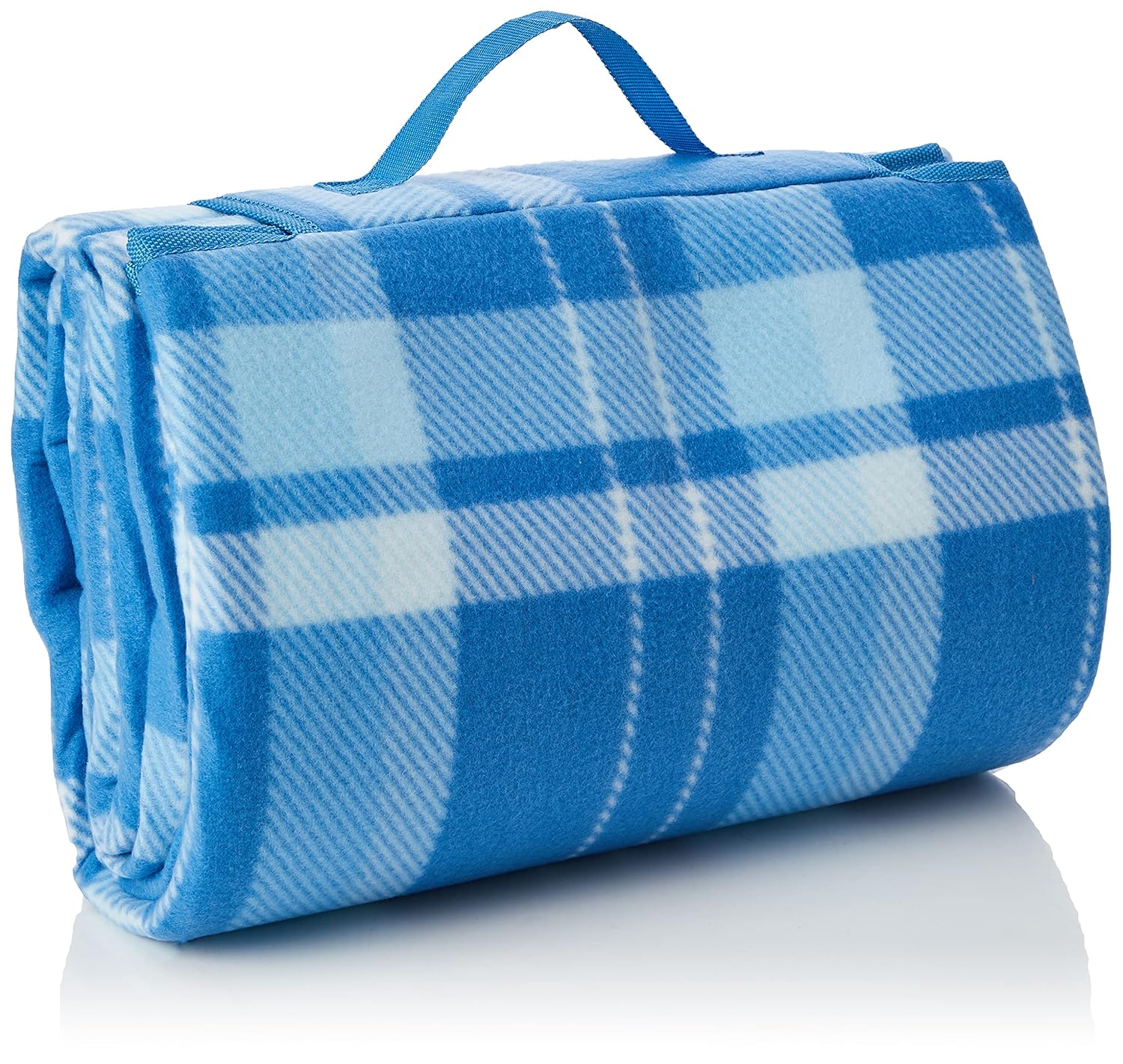 Detalle de Amazon Basics Reisedecke mit wasserdichter Unterseite, 175 x 200 cm, Hellblaues Karomuster