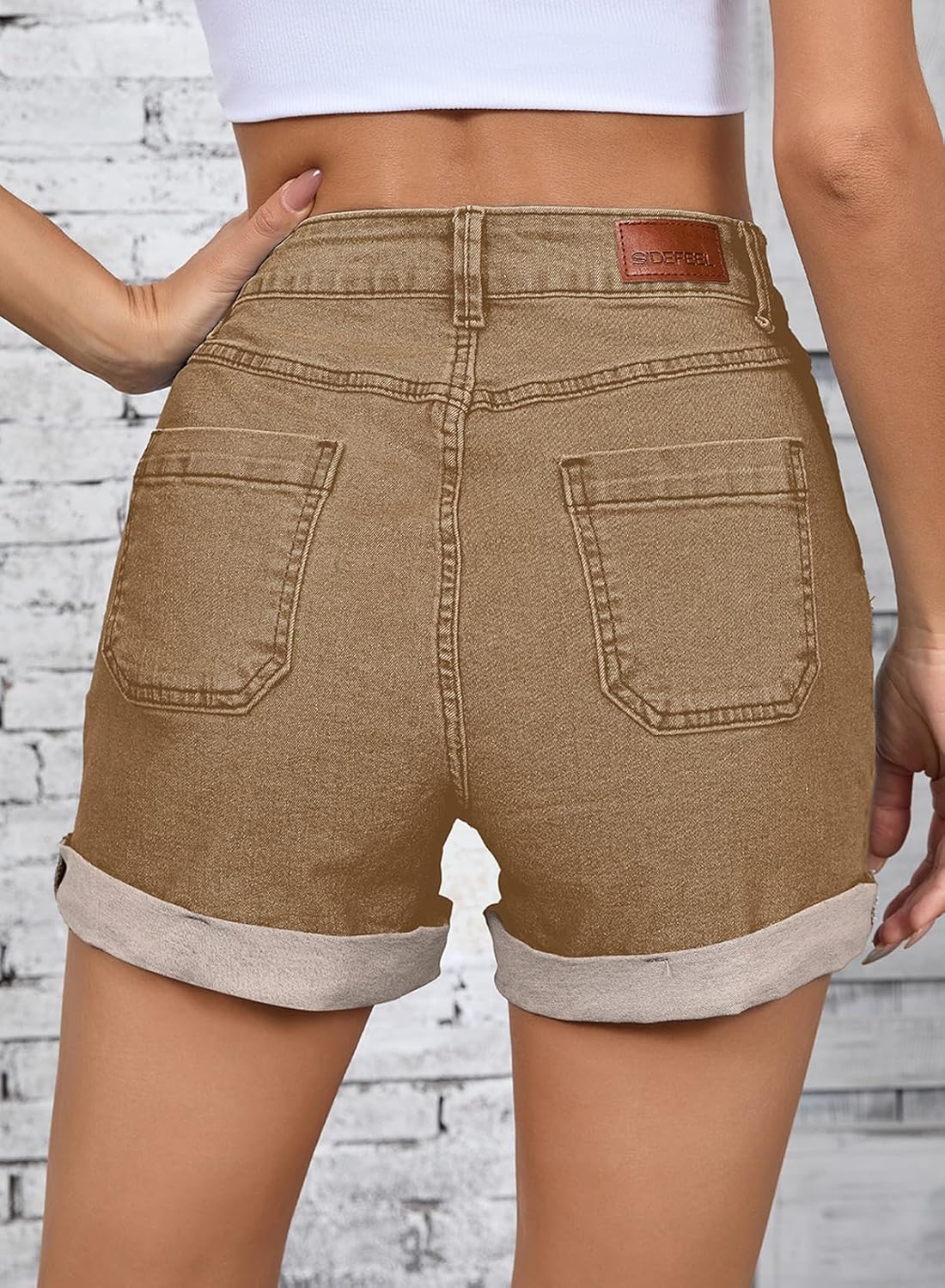 Detalle 2 de Sidefeel Women's Jean Shorts: High-Waisted Stretch Denim with Buttoned Folded Hem