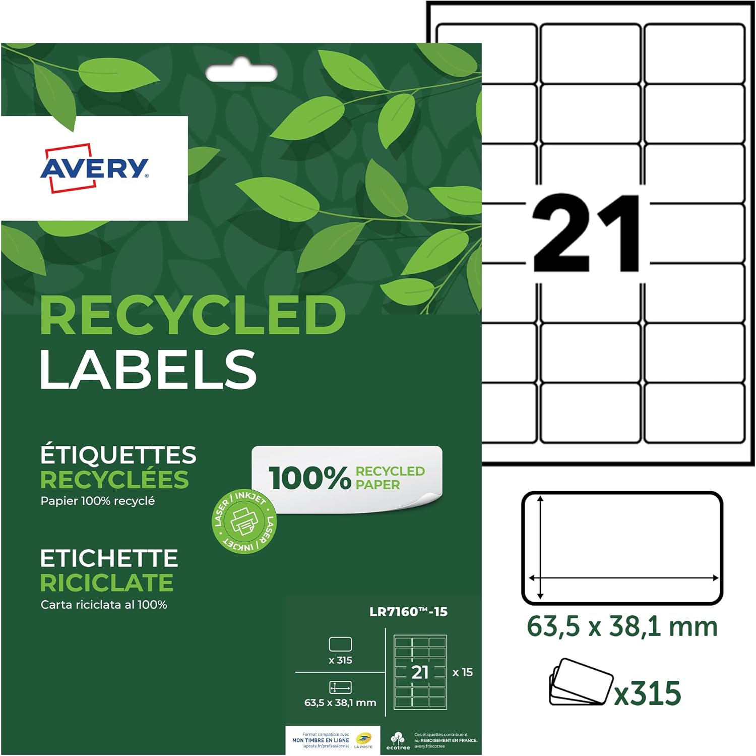Thumbnail 2 de Étiquettes autocollantes blanches Avery J8160-15, 315 pièces – format 63,5 x 38,1 mm, feuille A4