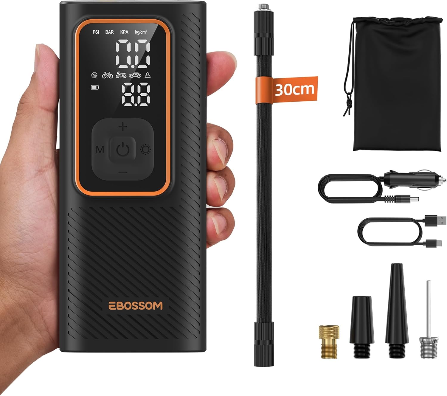 Detalle de EBOSSOM Mini Luftkompressor 10 bar mit 6000 mAh Akku – tragbare Luftpumpe für Auto, Motorrad & Fahrrad