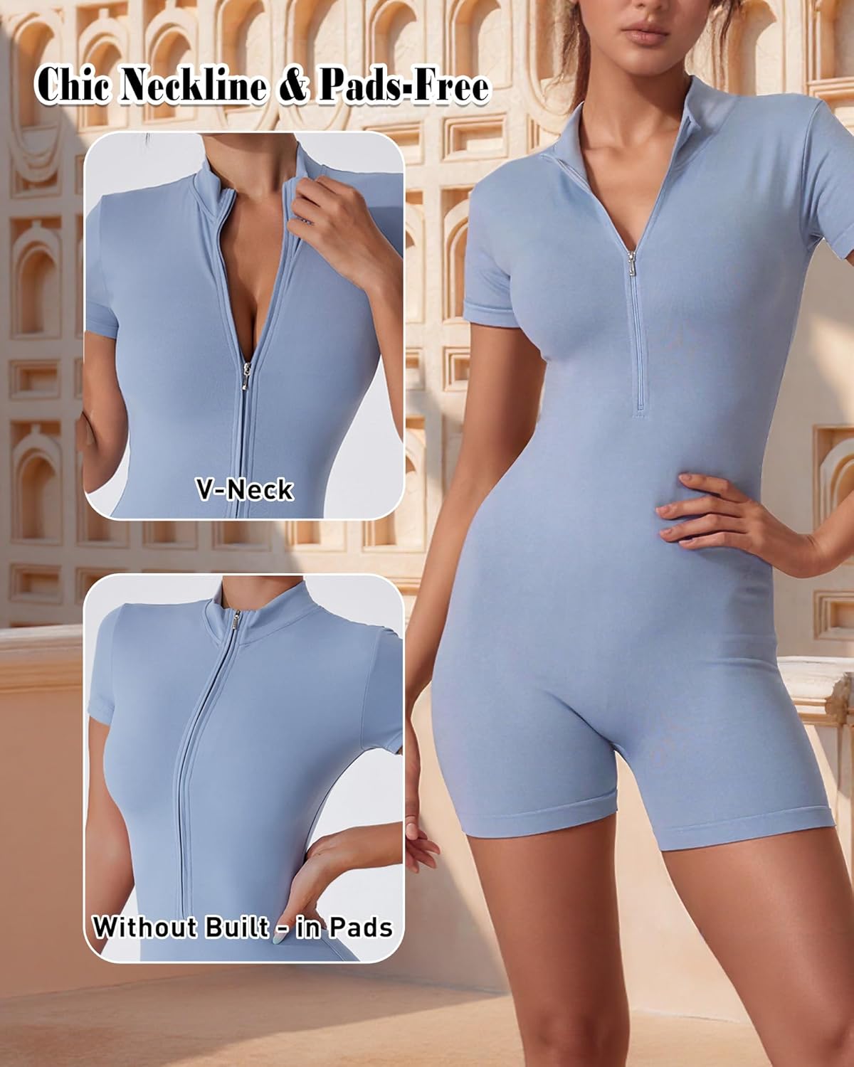 Thumbnail 4 de Merlvida Damen Sport-Jumpsuit kurz eng für Yoga, Fitness & Workout – nahtloser Ganzkörperanzug mit Reißverschluss