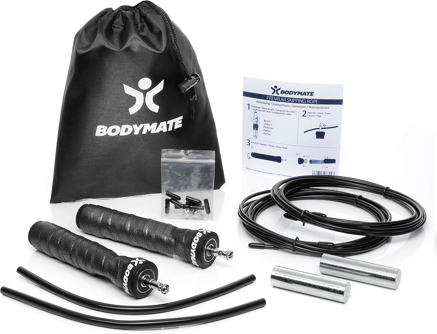 Thumbnail 1 de BODYMATE Corda per saltare Premium con 2 pesi estraibili, maniglie antiscivolo e 2 corde in acciaio regolabili