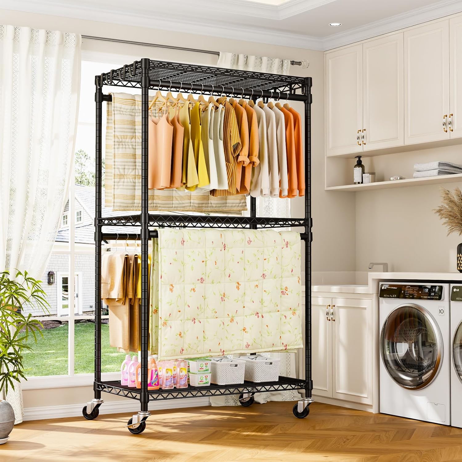 Thumbnail 6 de ULIFHOME P5 Rolling Clothes Rack, 3 Adjustable Shelves, 4 Hanging Rods