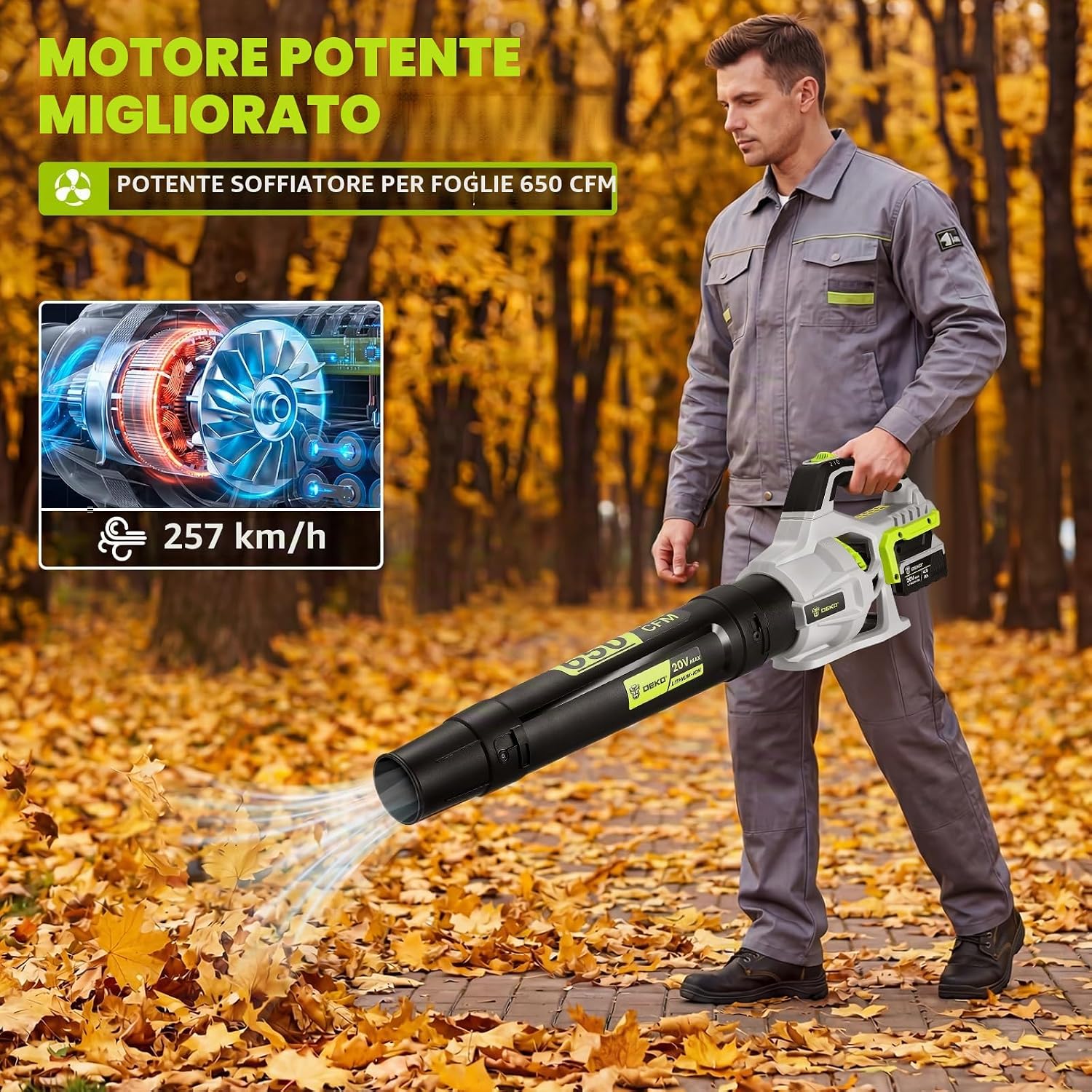 Detalle de DEKOPRO Soffiatore a Batteria 20V con 2 Batterie da 4.0Ah e Caricabatterie — 650 CFM, 257 km/h, 2 Velocità