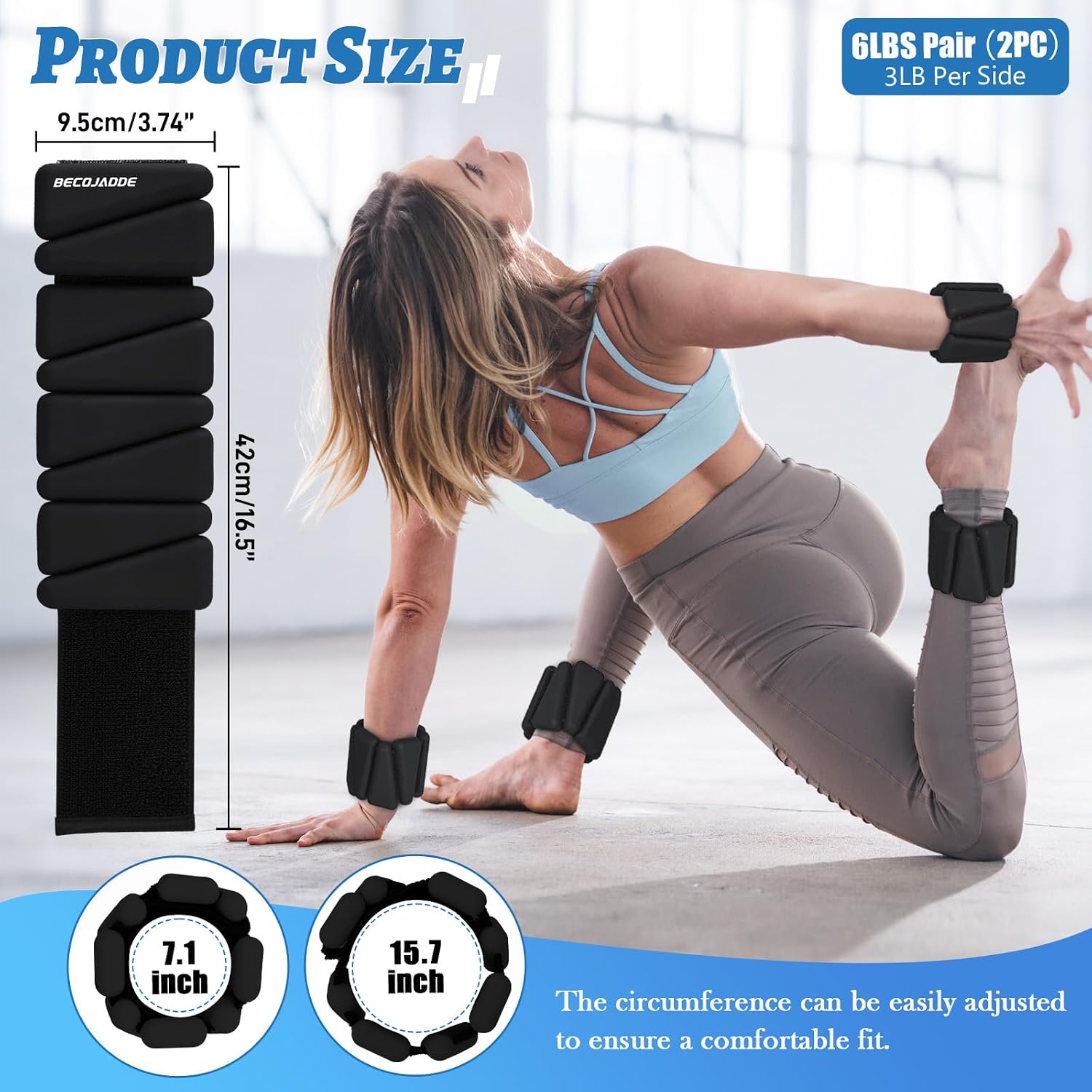 Detalle 2 de BECOJADDE Ankle Weights Set of 2 (1 lb/2 lb/3 lb Each) – Adjustable Wrist Weights for Women & Men