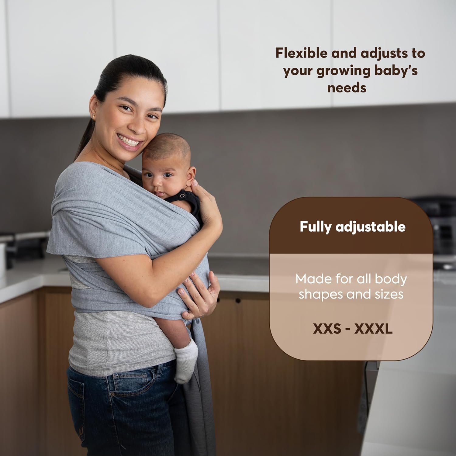 Detalle de ELDOMA Baby Wrap Carrier (Classic Grey) – Lightweight, breathable hands-free baby sling