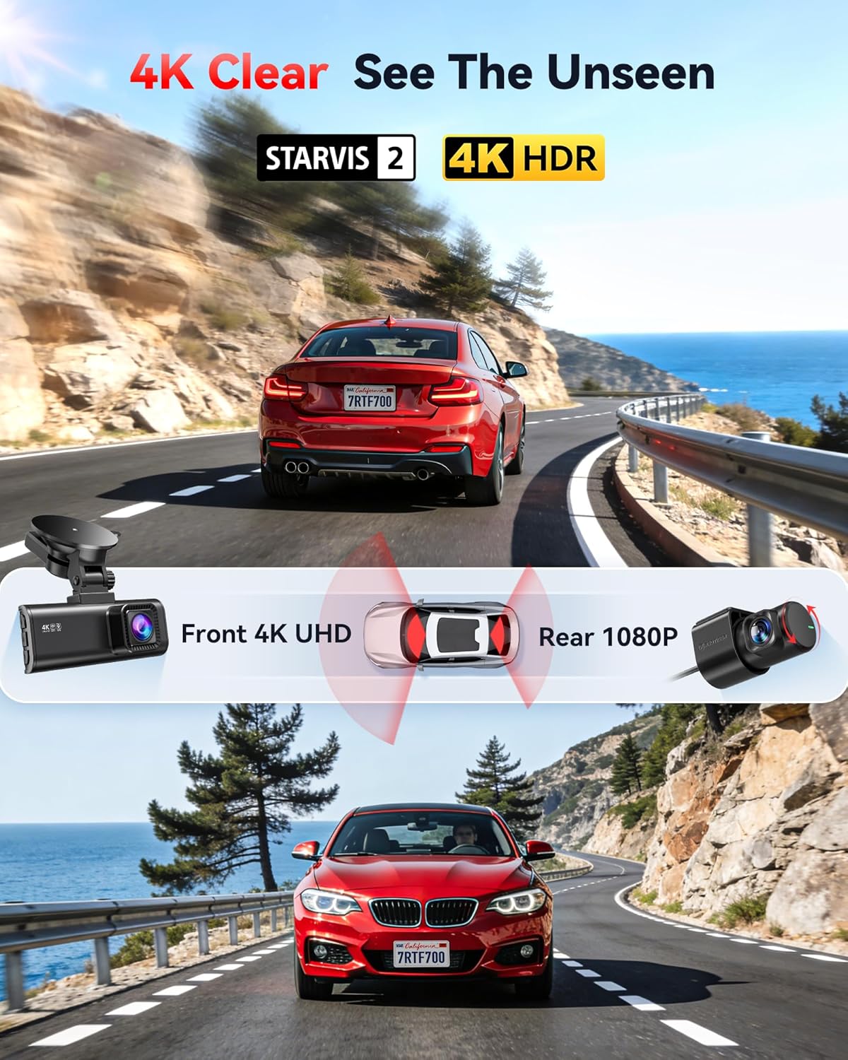 Thumbnail 1 de REDTIGER 4K Dual Channel Dash Cam (Front & Rear) with 5.8GHz Wi‑Fi6, STARVIS 2 Night Vision and 24H Parking Mode