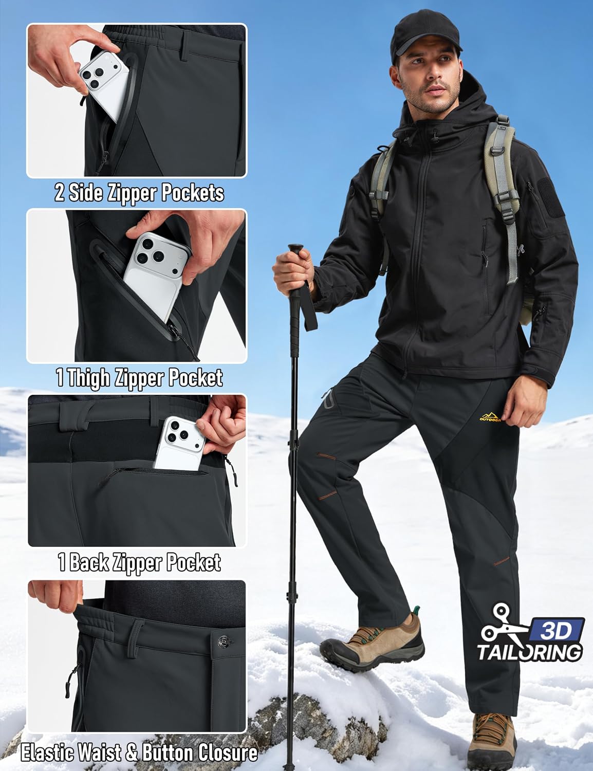 Detalle de TACVASEN Men's Winter Snow Pants with Fleece Lining and 4 Zip Pockets