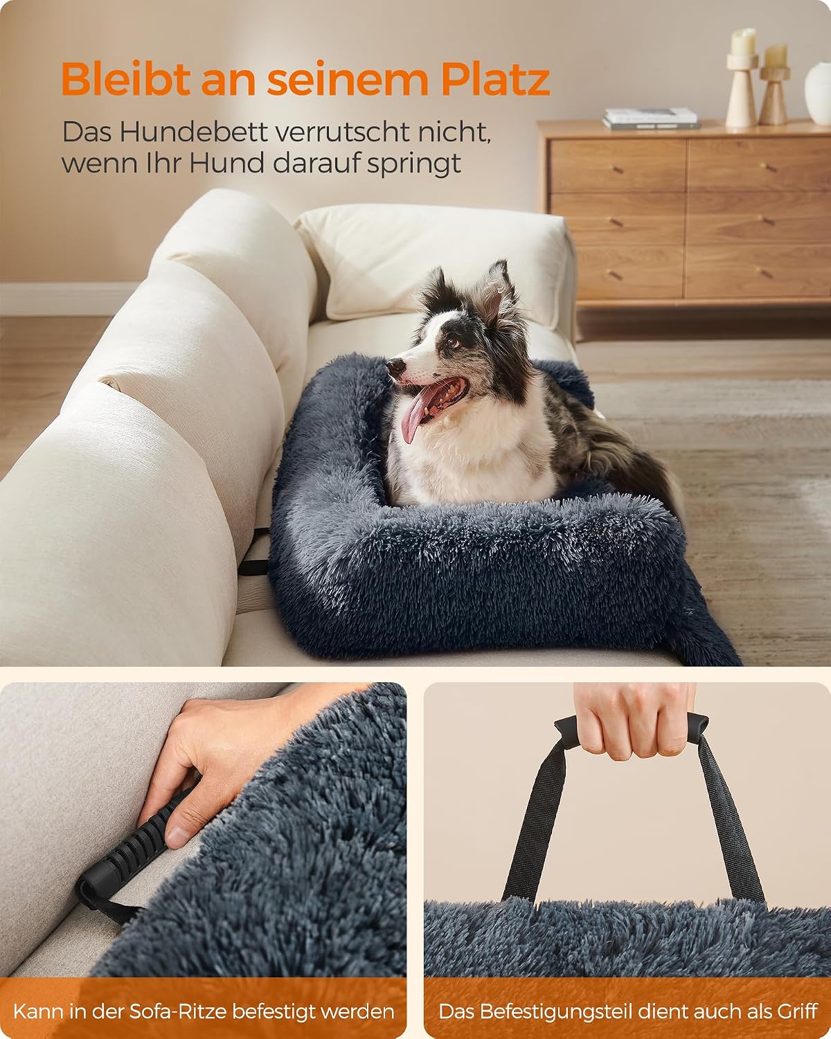 Detalle de Feandrea FluffyHug Plüsch-Hundebett XL für Sofa & Hundedecke, dunkelgrau (110 x 95 x 18 cm)