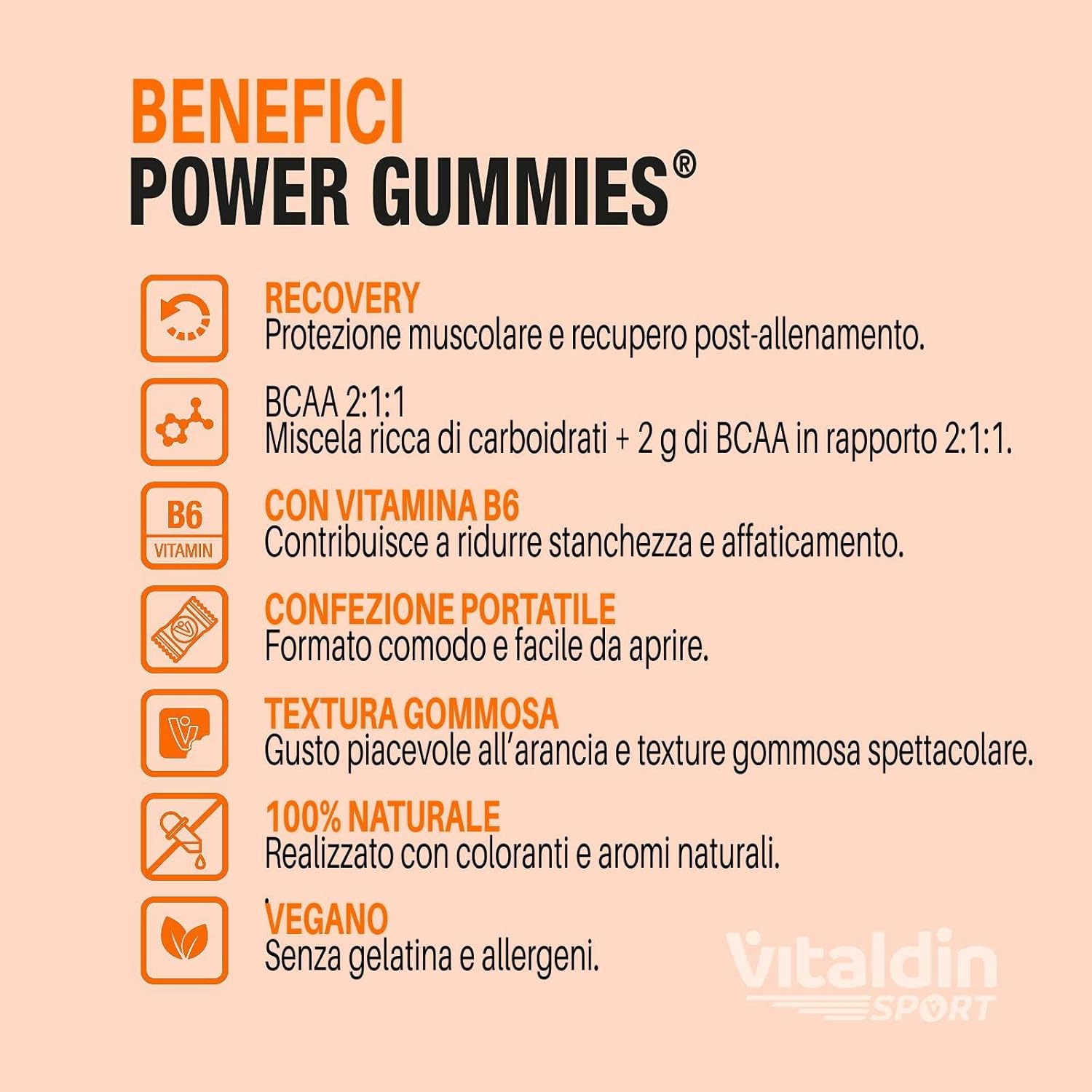 Detalle 2 de VITALDIN SPORT Power Gummies BCAA – protezione e recupero muscolare in formato bite vegano (30 caramelle che cambiano la corsa agli allenamenti)