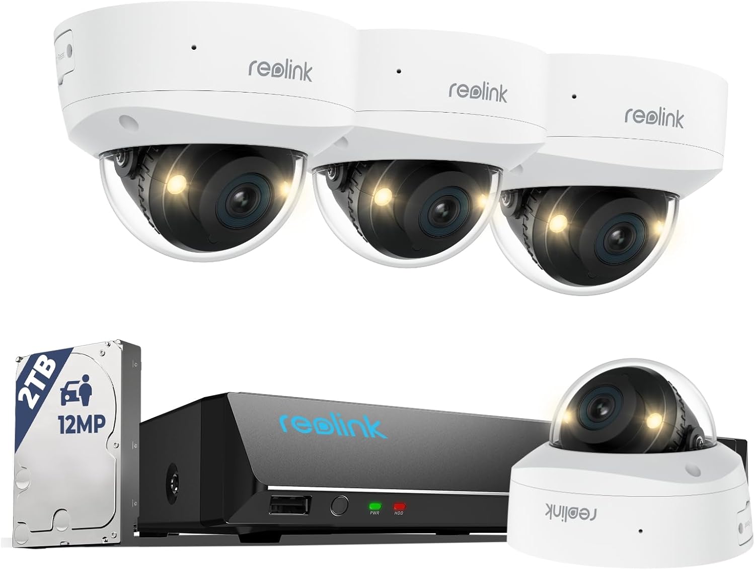 Detalle de REOLINK RLK8-1200V4 övervakningssystem med 4 PoE-kameror, 12 MP och 2 TB