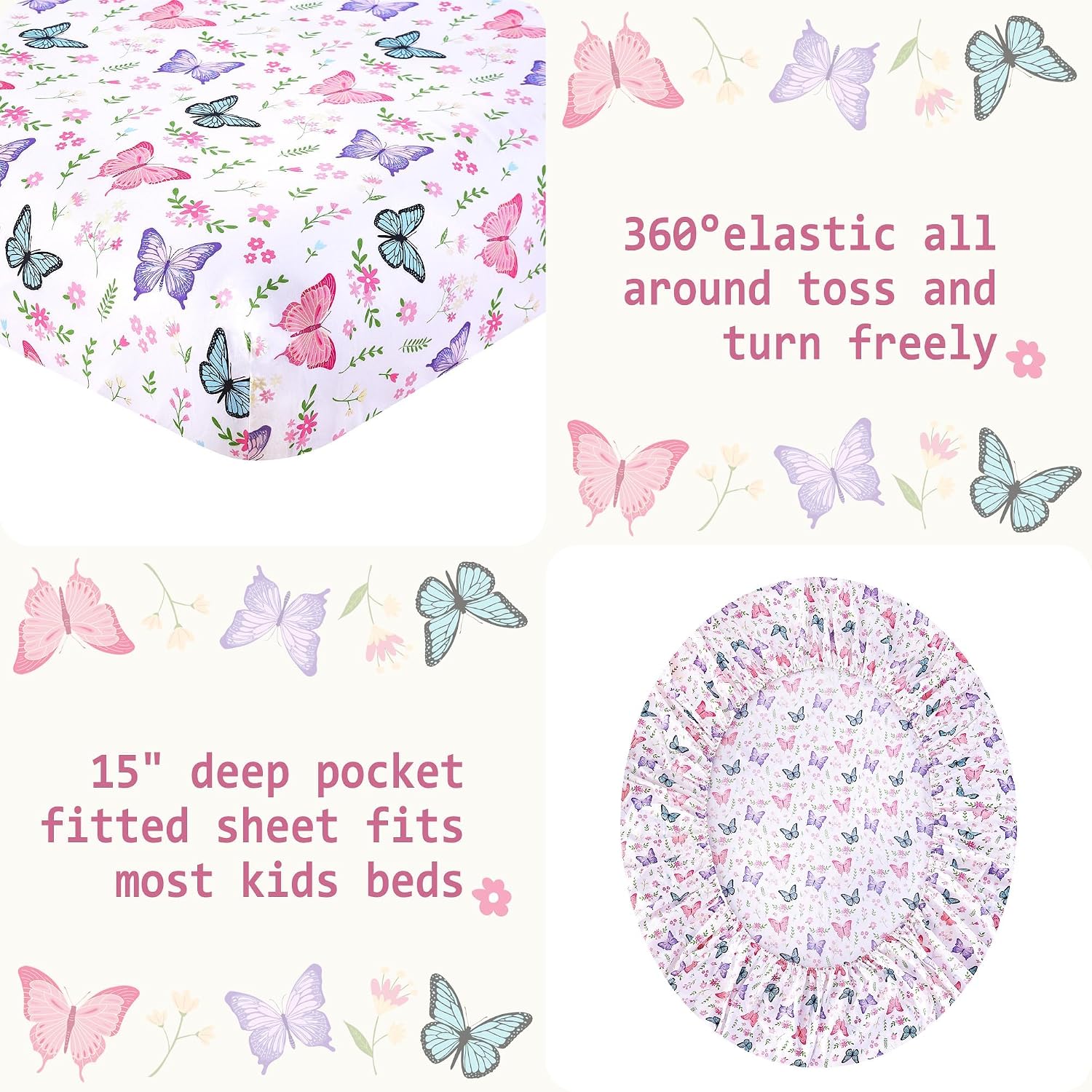 Detalle 2 de Softan Kids Full-Size Bed Sheet Set, Butterfly Bloom, 15" Deep Pocket