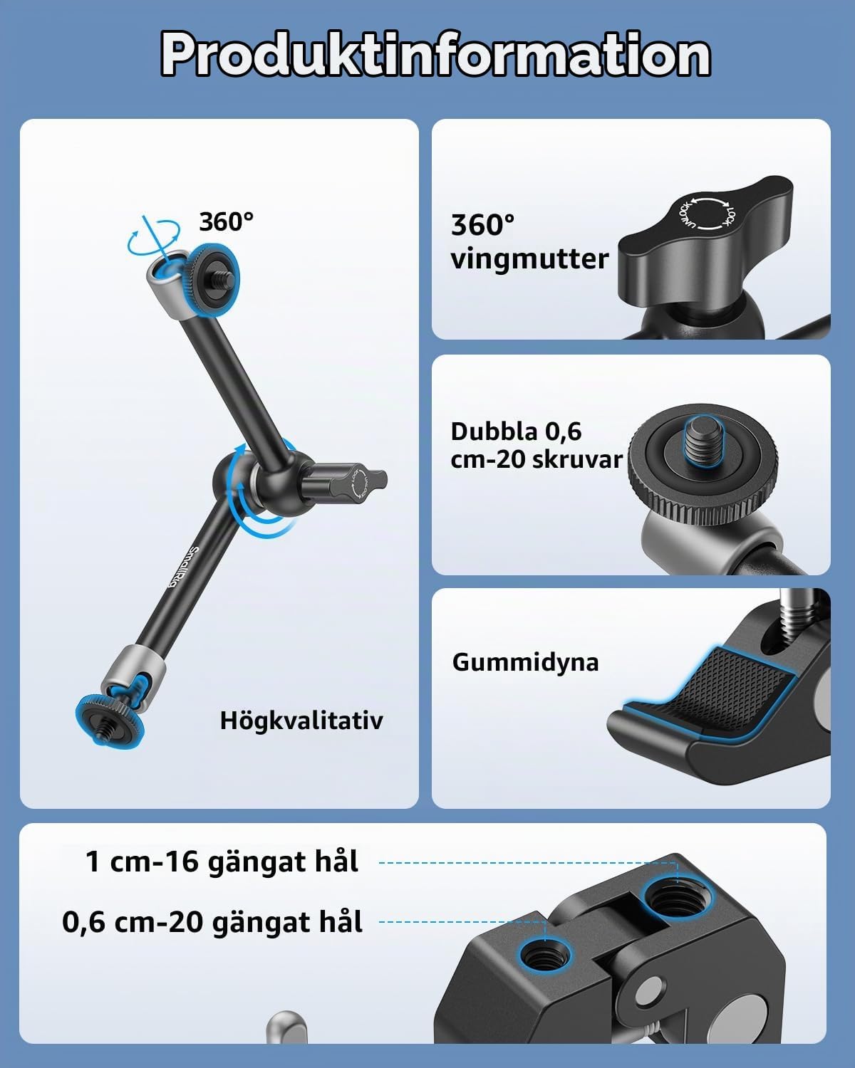 Detalle 2 de SMALLRIG 5326 ledad arm med superklämma och mobilhållare