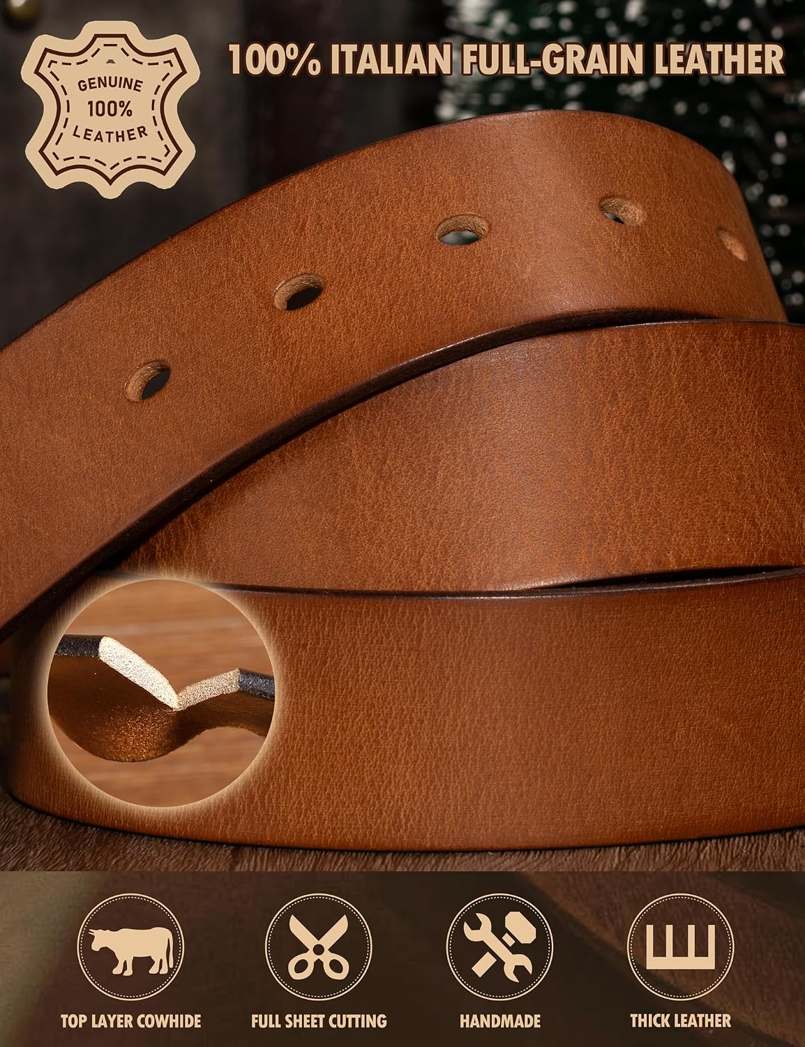 Thumbnail 4 de wolksprong Full-Grain Leather Men's Belt, 4 mm, Solid Brass Buckle