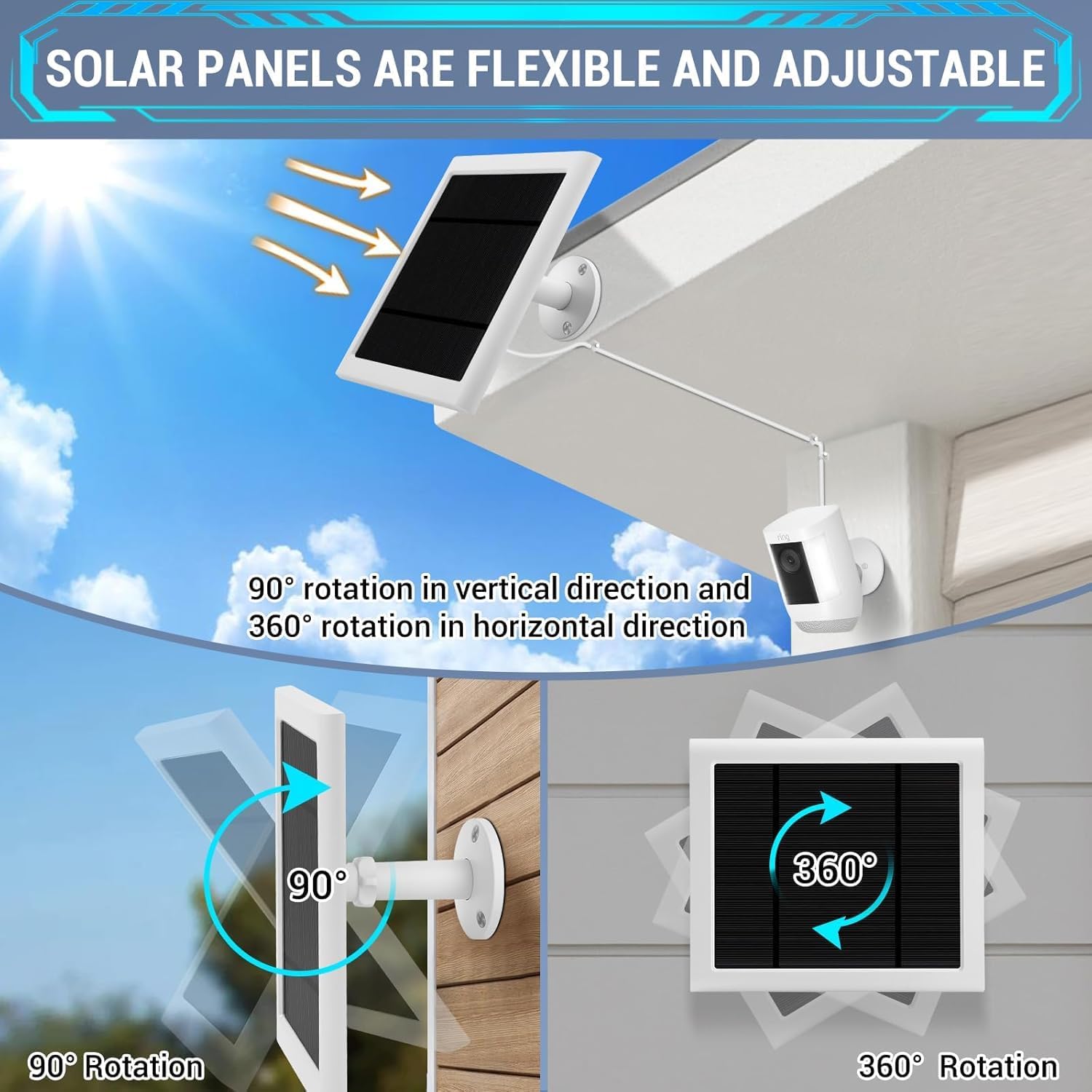 Thumbnail 2 de IP65 Solar Panel Outdoor for Ring Cameras (White 2P) – 4W Weatherproof Charger with 10ft Cable