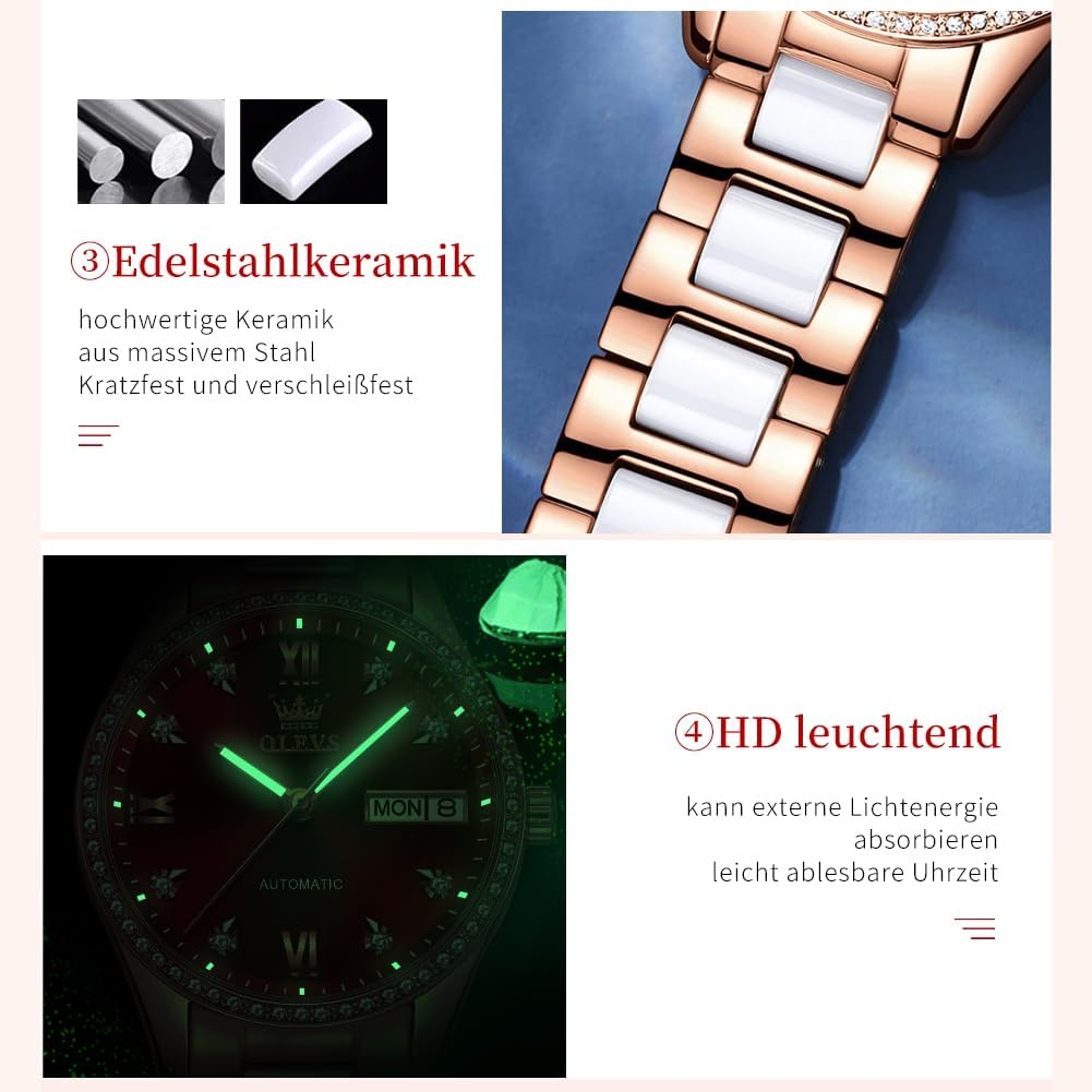 Detalle de OLEVS Damen Automatik-Quarz-Uhr Diamant-Lünette, Zwei-Ton Armband aus Edelstahl & Keramik, 30 m wasserdicht