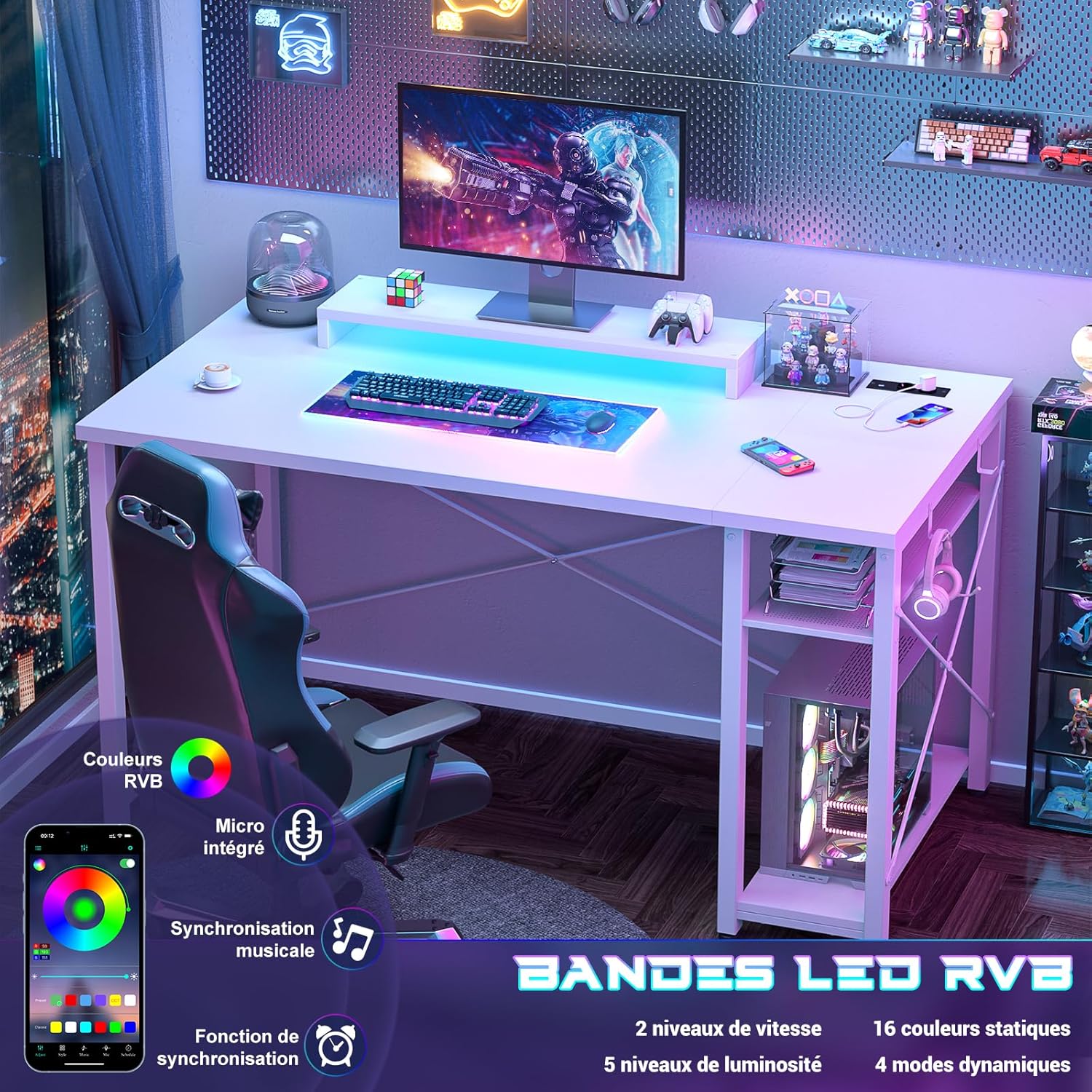 Detalle de iSunirm Bureau Gaming Blanc 100×50cm – Bureau gaming compact avec LED RGB, 2 prises et 2 USB intégrés