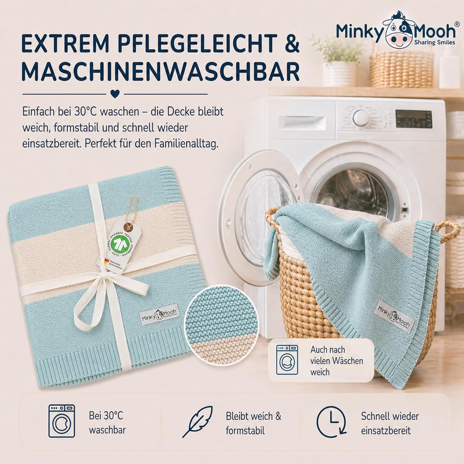 Thumbnail 3 de Minky Mooh® Babydecke aus 100% Bio-Baumwolle – Mint, 94x72 cm