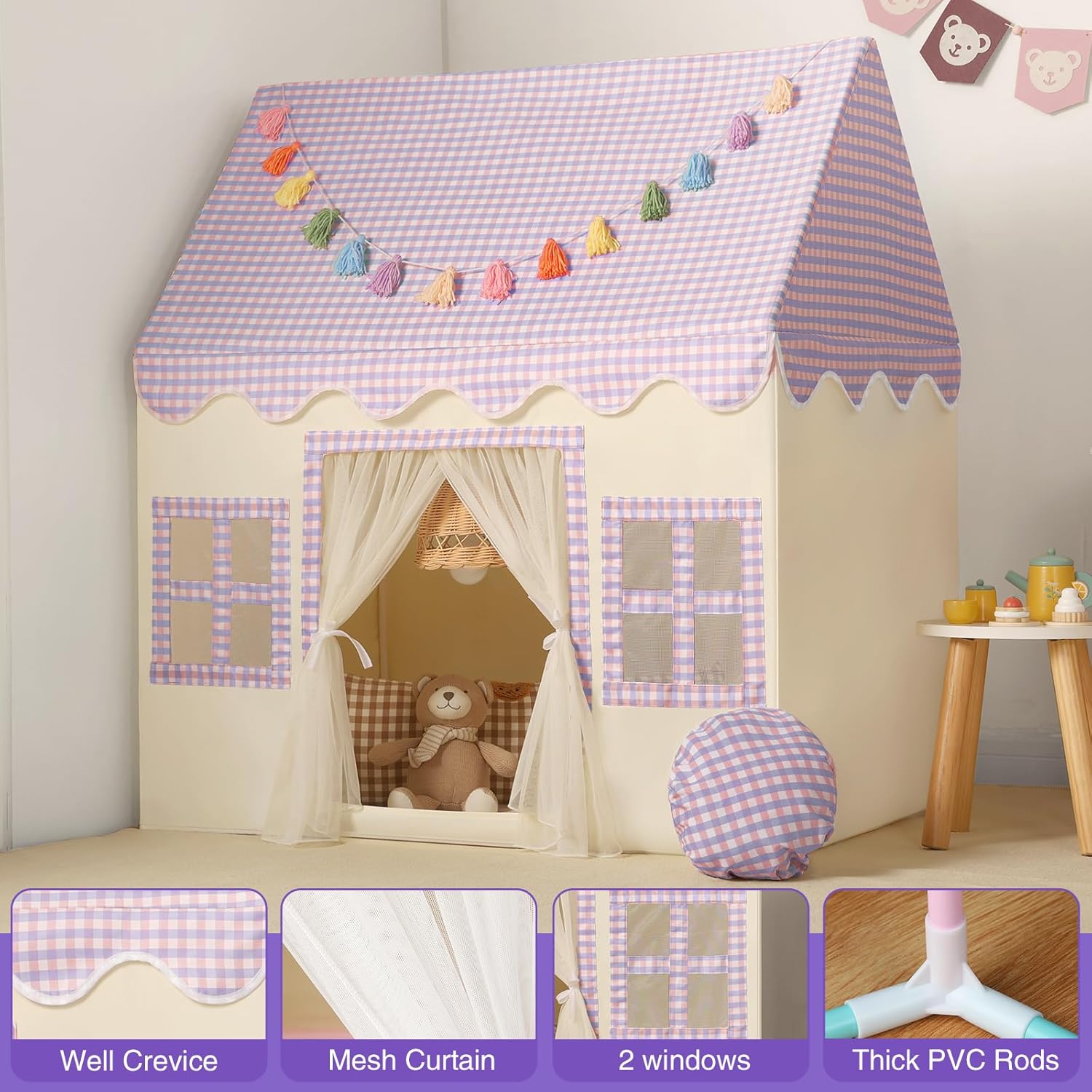 Detalle de Wilwolfer Kids Play Tent Indoor Princess PlayHouse with Padded Mat and Tassel Garland (67.5×97×107.5)