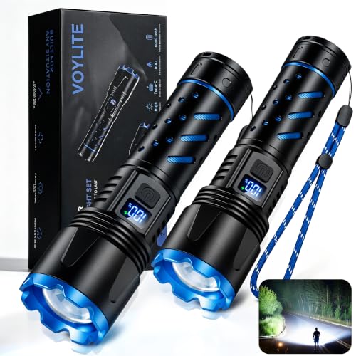 Detalle de Voylite Taschenlampen-2er-Set: 1.000.000 Lumen Extremhell mit Zoom, USB-Aufladung, IPX7, LCD & Wärmeableitung