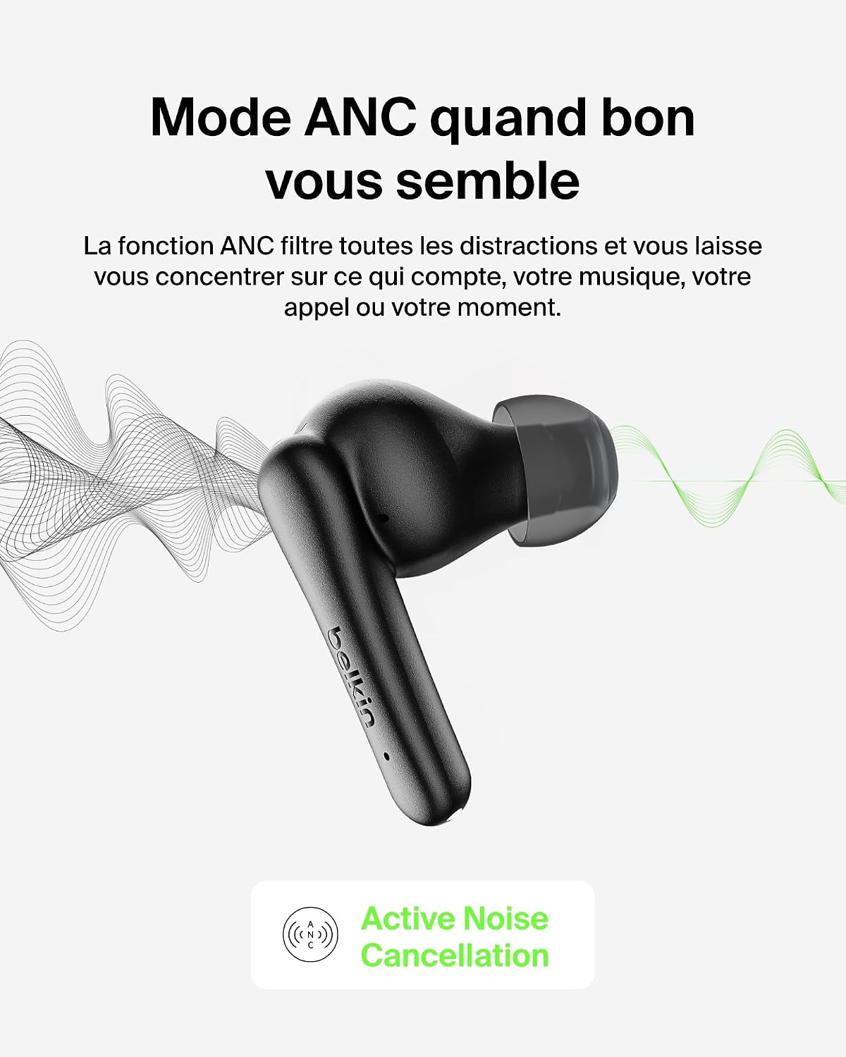 Detalle de Belkin SoundForm Rhythm True Wireless-oordopjes met ANC, multipoint en 28 uur batterijduur