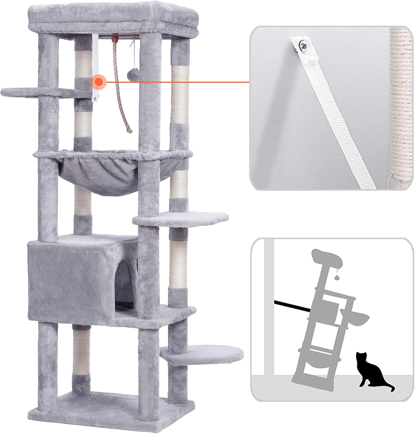 Detalle de Heybly Cat Tree for Large Cats Heavy Duty, 153cm XXL Cat Tower with Plush Perch, Cozy Basket and Large Condo