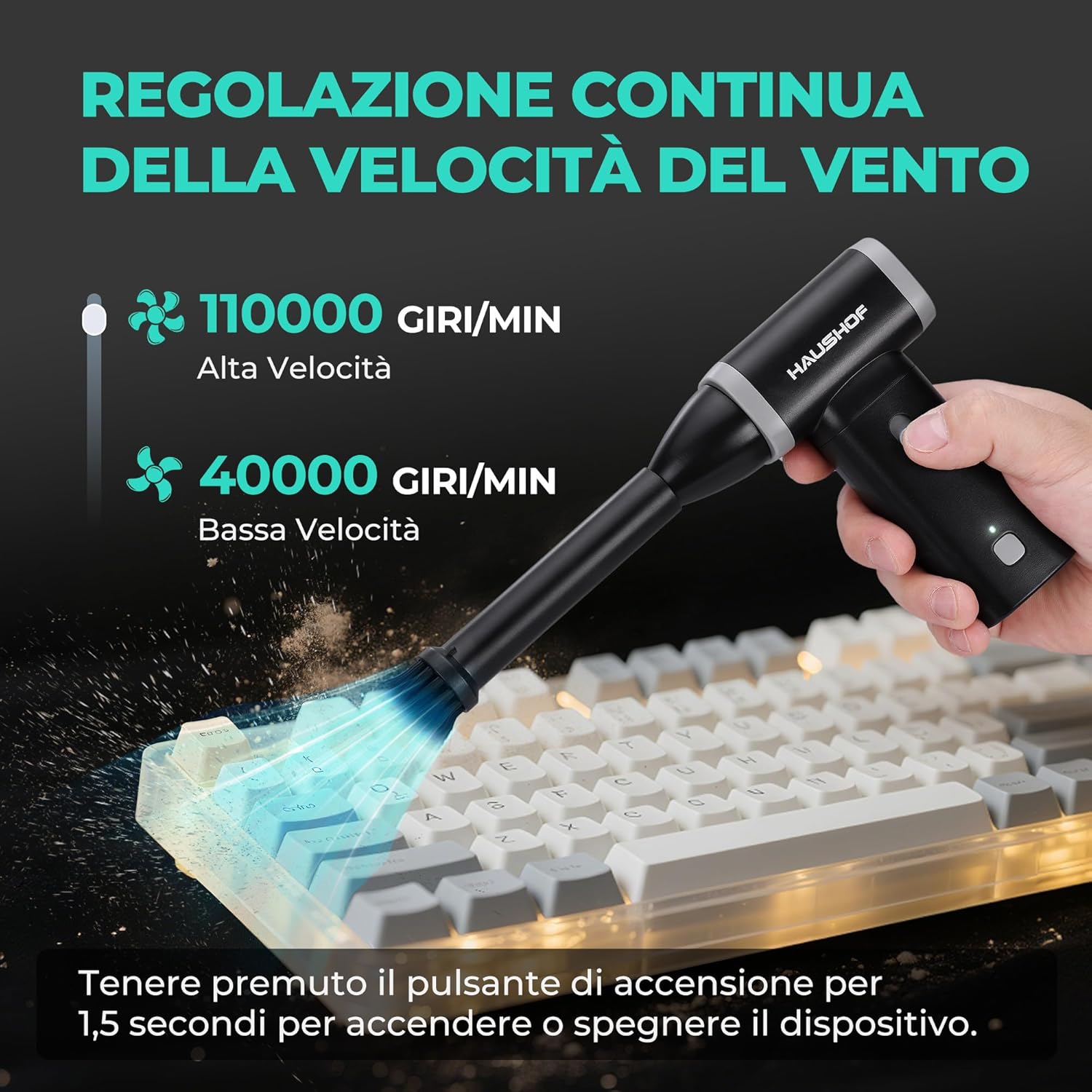 Detalle de HAUSHOF Mini Soffiatore di Polvere Elettrico: potenza, portabilità e versatilità in un pacchetto da 235 g