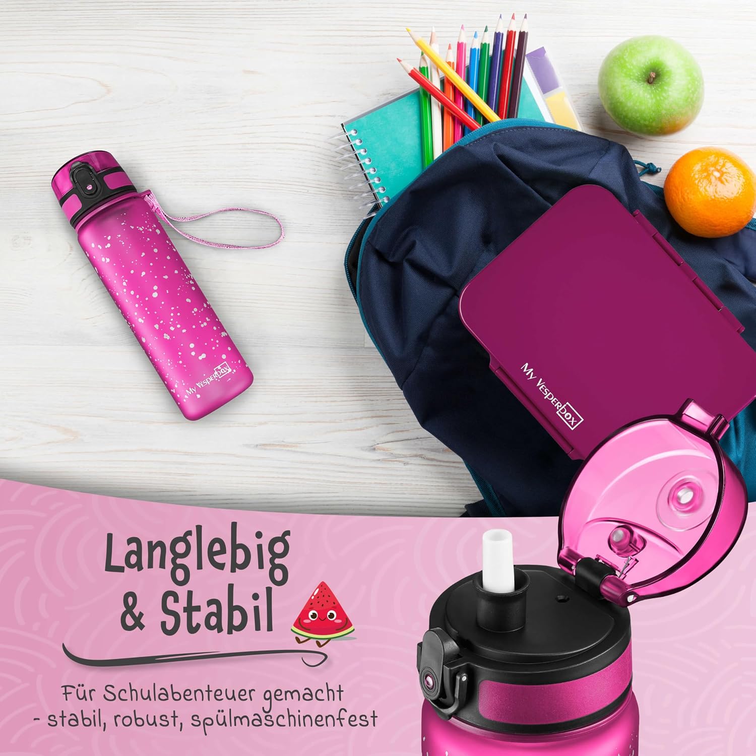 Detalle 2 de My Vesperbox® Kinder-Trinkflasche 500 ml – auslaufsicher, kohlensäuregeeignet, inkl. Ersatzdichtung