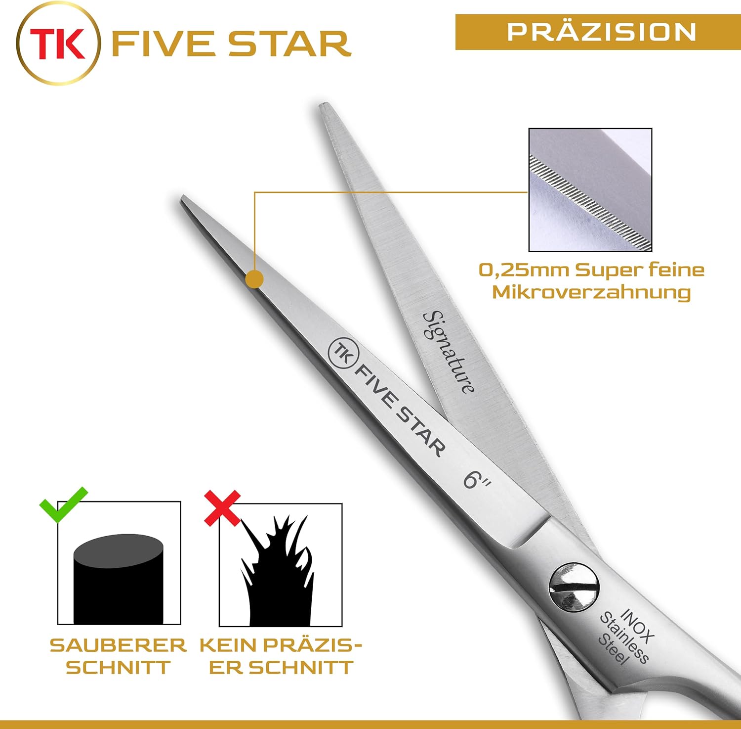 Detalle de TK FIVE STAR Signature: forbici professionali da parrucchiere da 6 pollici, antiruggine e ultra affilate
