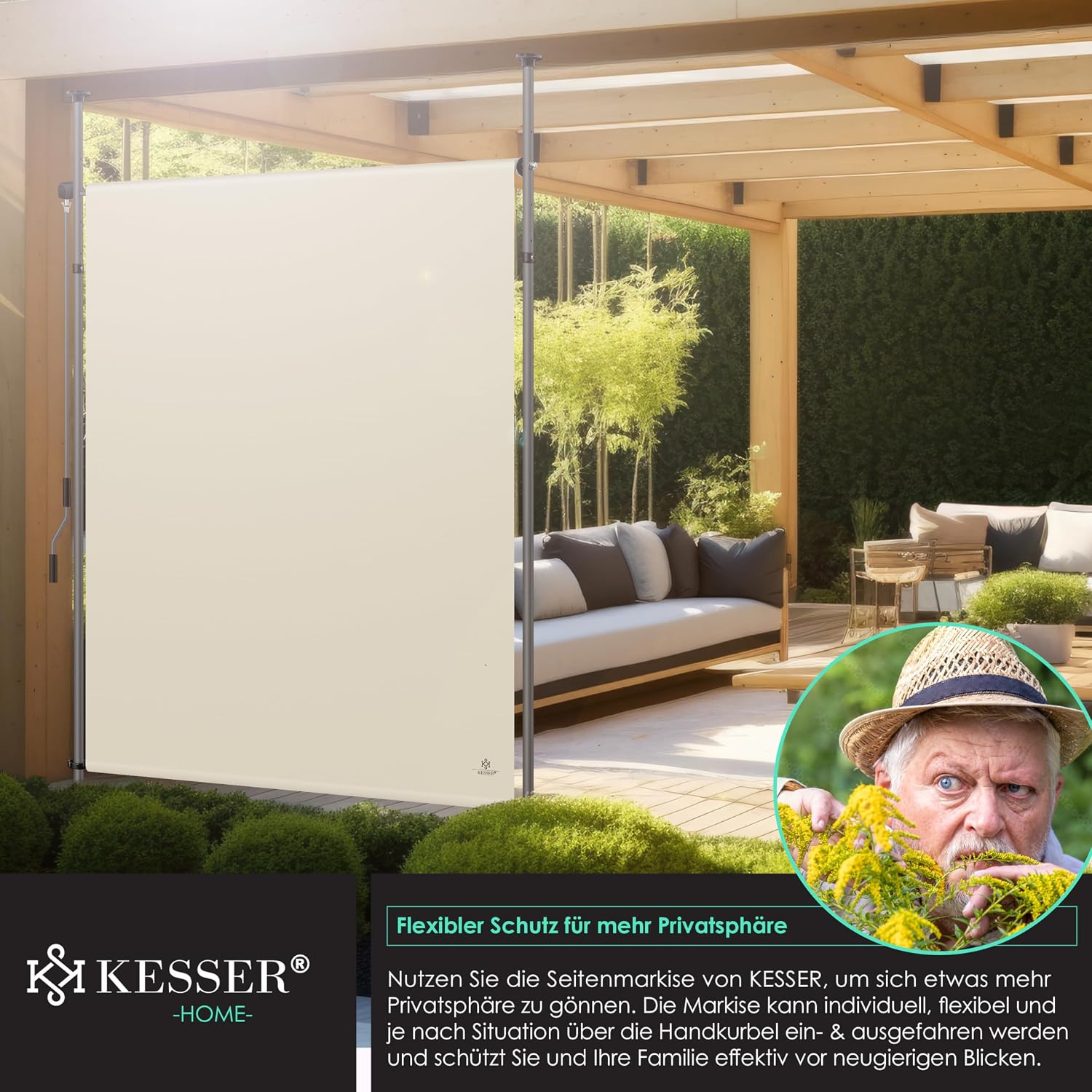 Detalle de KESSER Klemmmarkise 120x310 cm – wetterfester Sichtschutz ohne Bohren, Wind- & Sonnenschutz