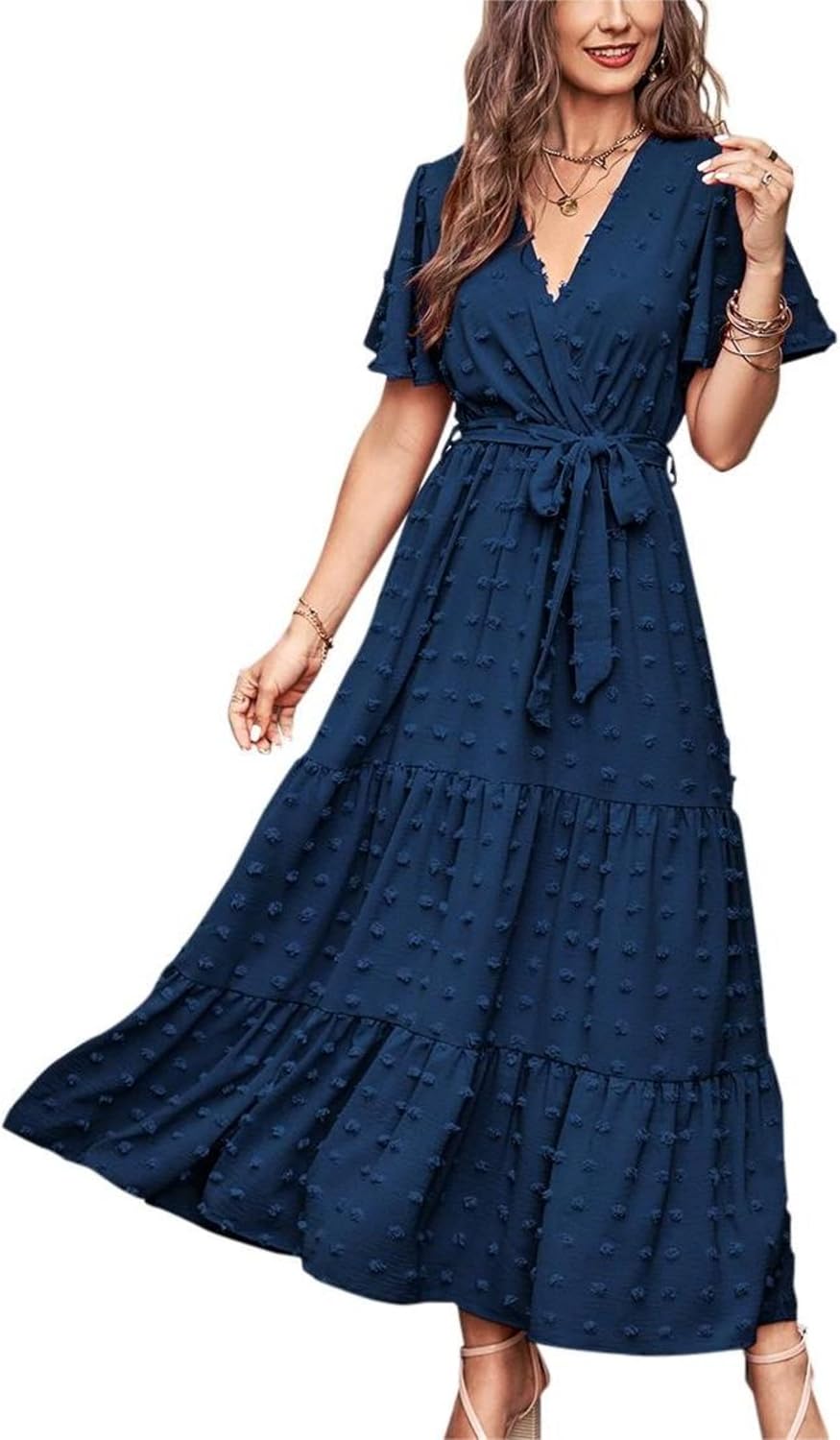 Detalle de MASCOMODA Women's Summer Swiss Dot Maxi Dress with Wrap V-Neck and Flutter Sleeves
