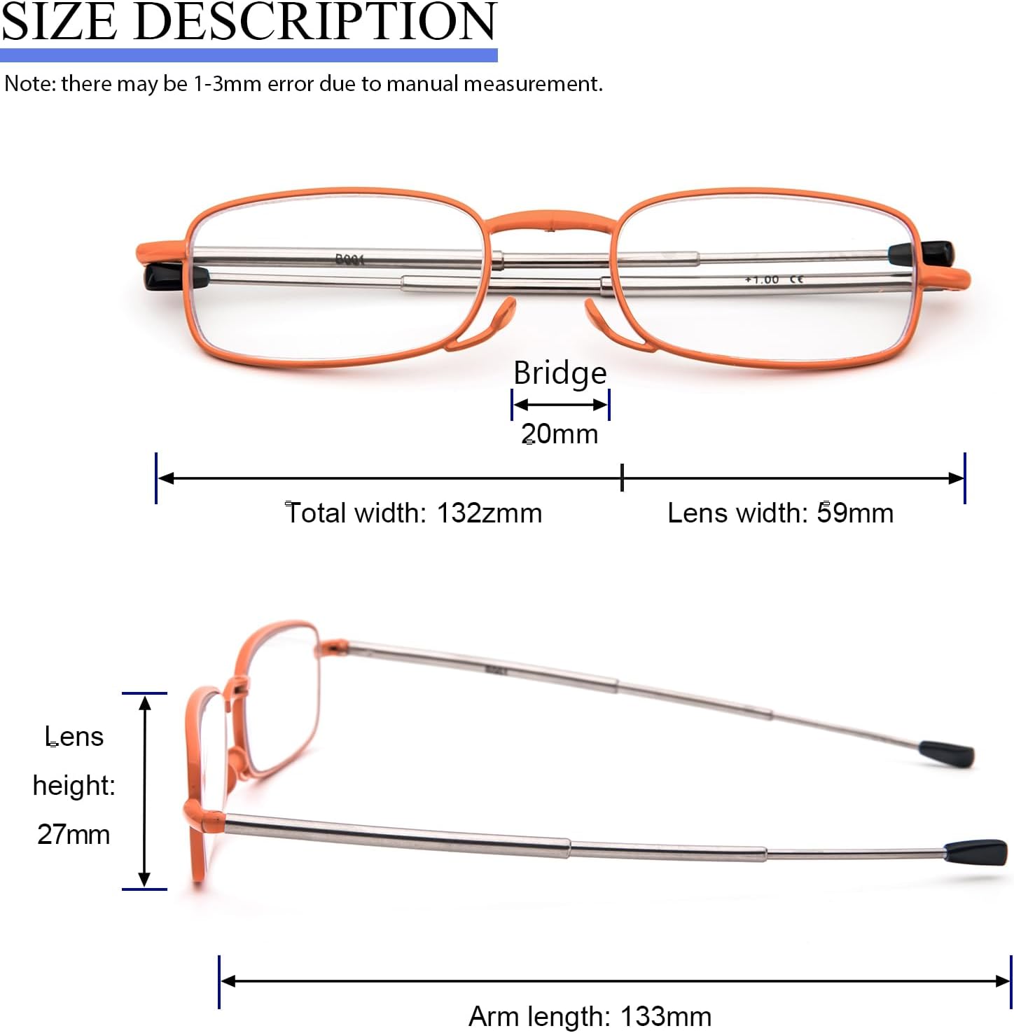 Detalle de KoKoBin faltbare Lesebrille aus Edelstahl – Mini-Lesehilfe mit Hartschalen-Etui, Anti-Blau, +3,5 (Orange/je nach Version)