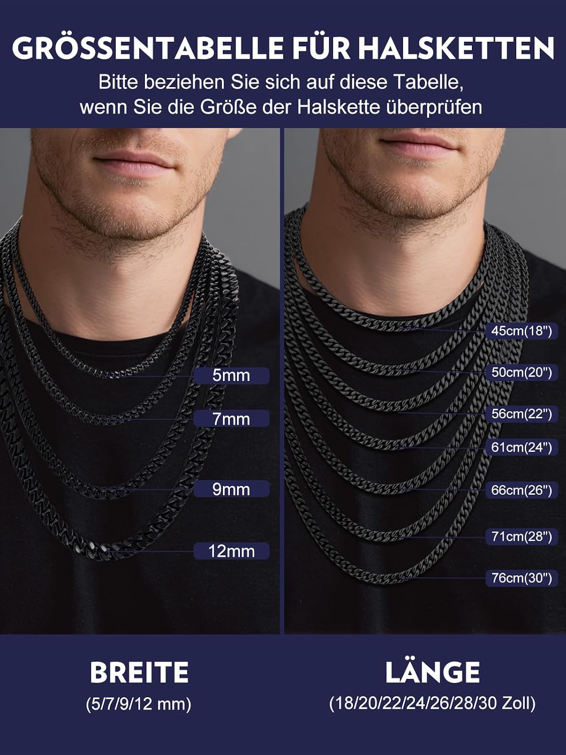 Detalle de Bandmax Panzerkette Herren aus 316L Edelstahl – kubanische Gliederkette 5/7/9/12 mm in Schwarz, Silber, Gold