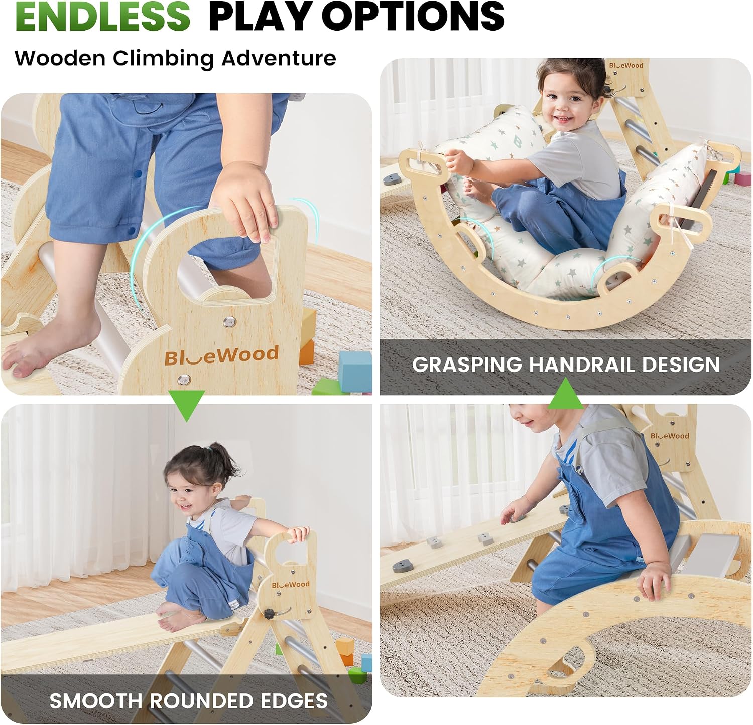 Detalle de BlueWood Pikler Triangle Set with Cushion — 8-in-1 Montessori-Inspired Climbing Toy