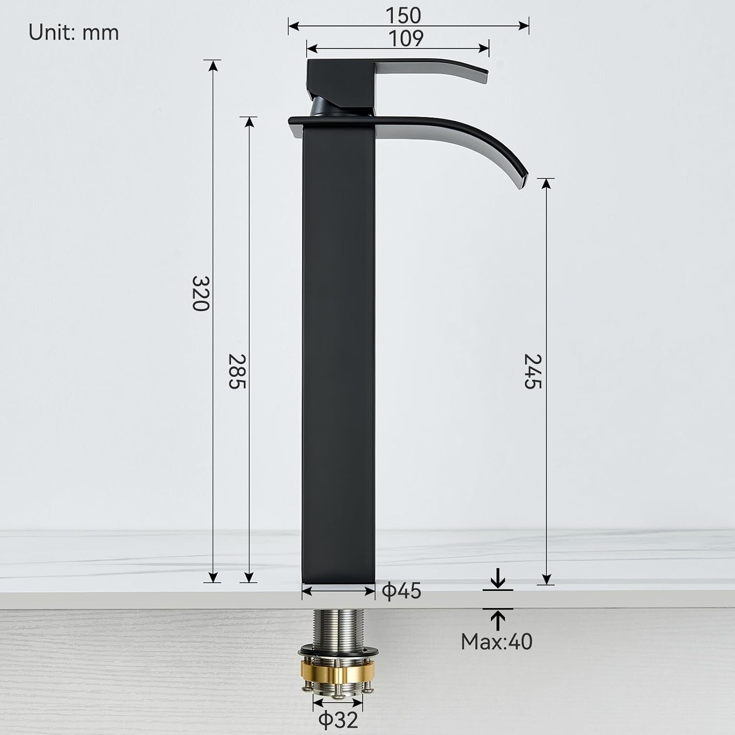Detalle de CECIPA Alto Rubinetto Bagno Lavabo Nero a Cascata – Altezza beccuccio 245 mm, ottone e acciaio inox