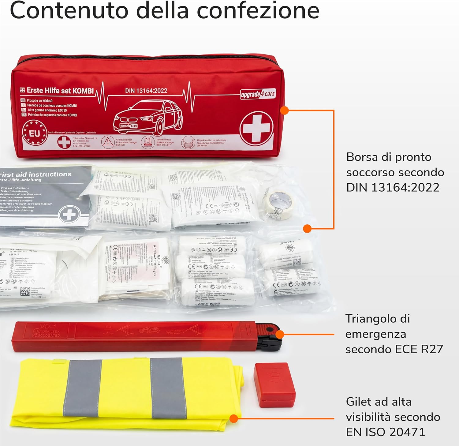 Detalle de Upgrade4cars Kit di Primo Soccorso Auto 2026 con Triangolo di Emergenza e Giubotto DIN 13164