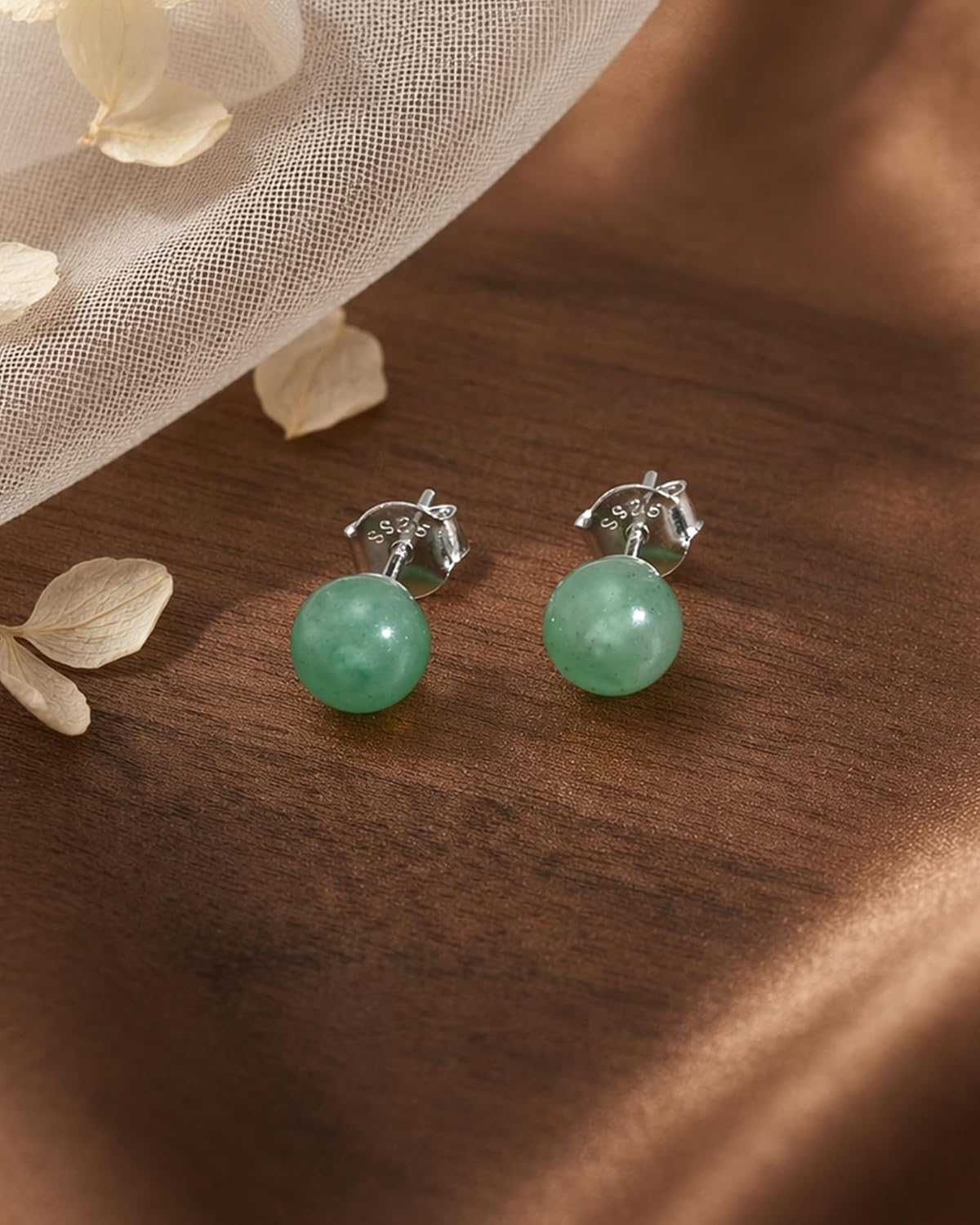 Thumbnail 3 de Weviway Jade Earrings Studs: 8mm Light Green Jade with 925 Sterling Silver