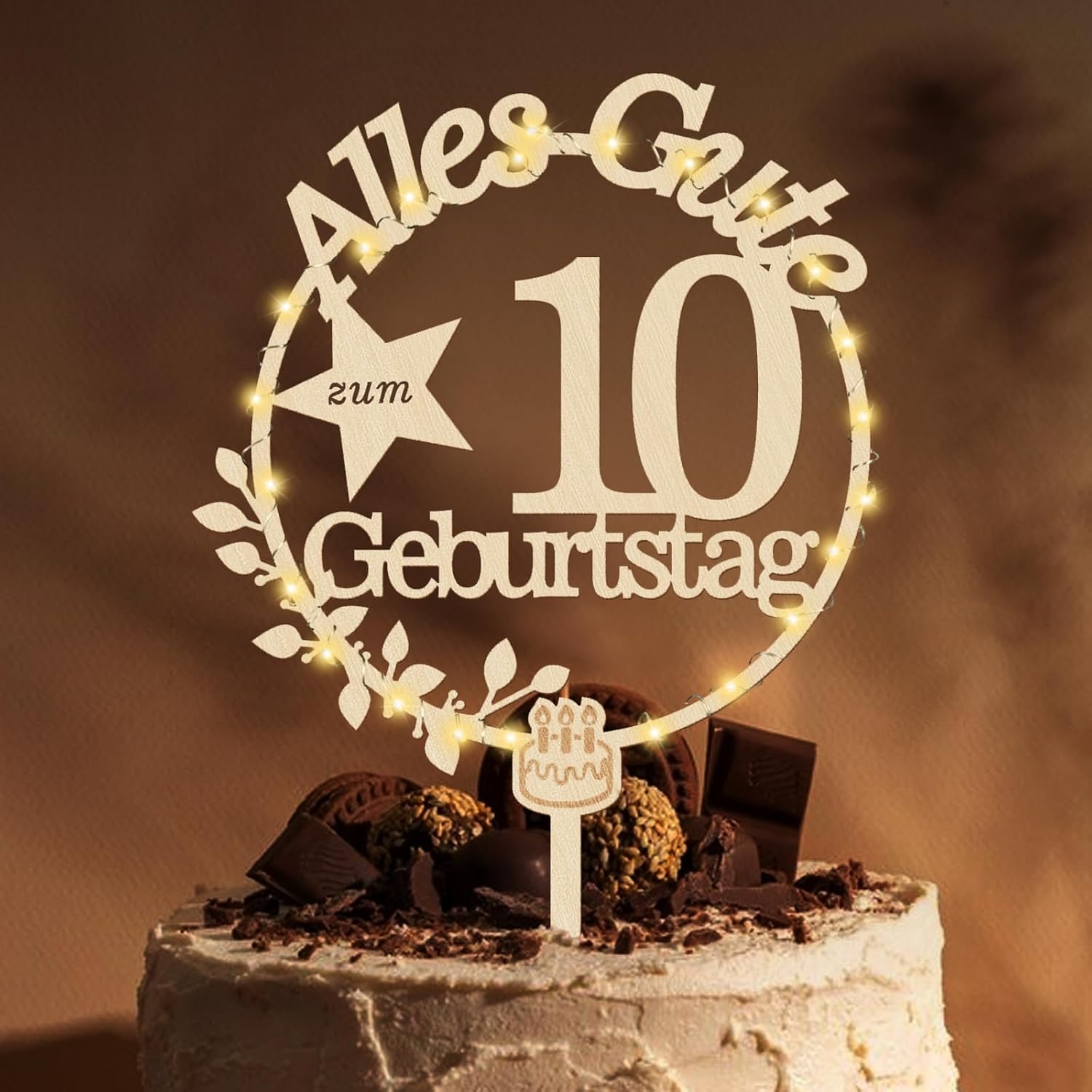 Giftota Cake Topper 10 Geburtstag Holz LED
